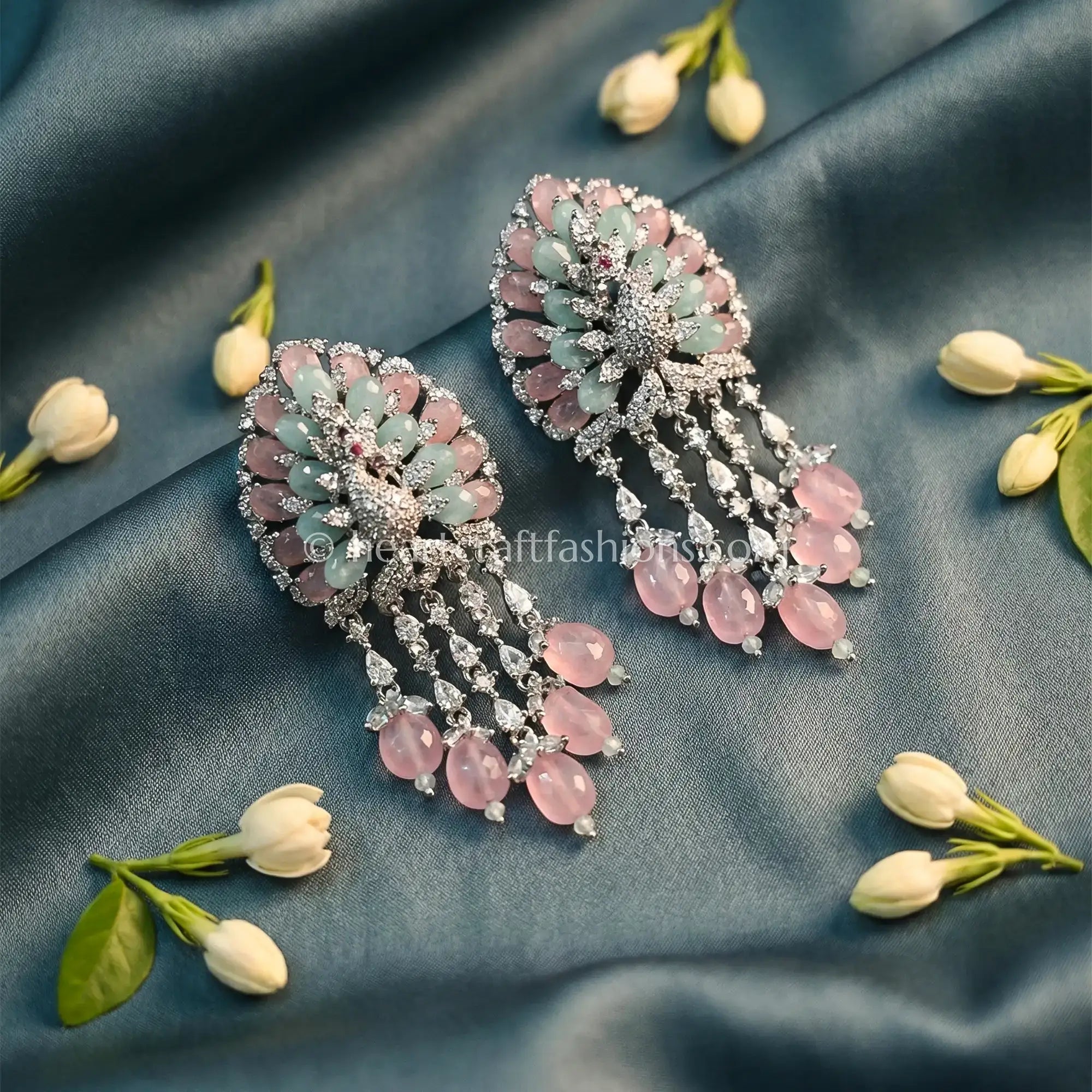 Meher Zircon Floral Drop Earrings – Pastel Pink & Aqua