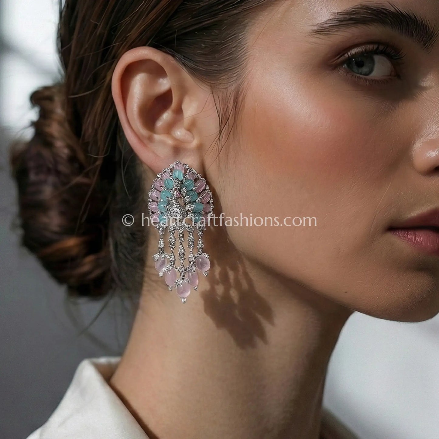 Meher Zircon Floral Drop Earrings – Pastel Pink & Aqua