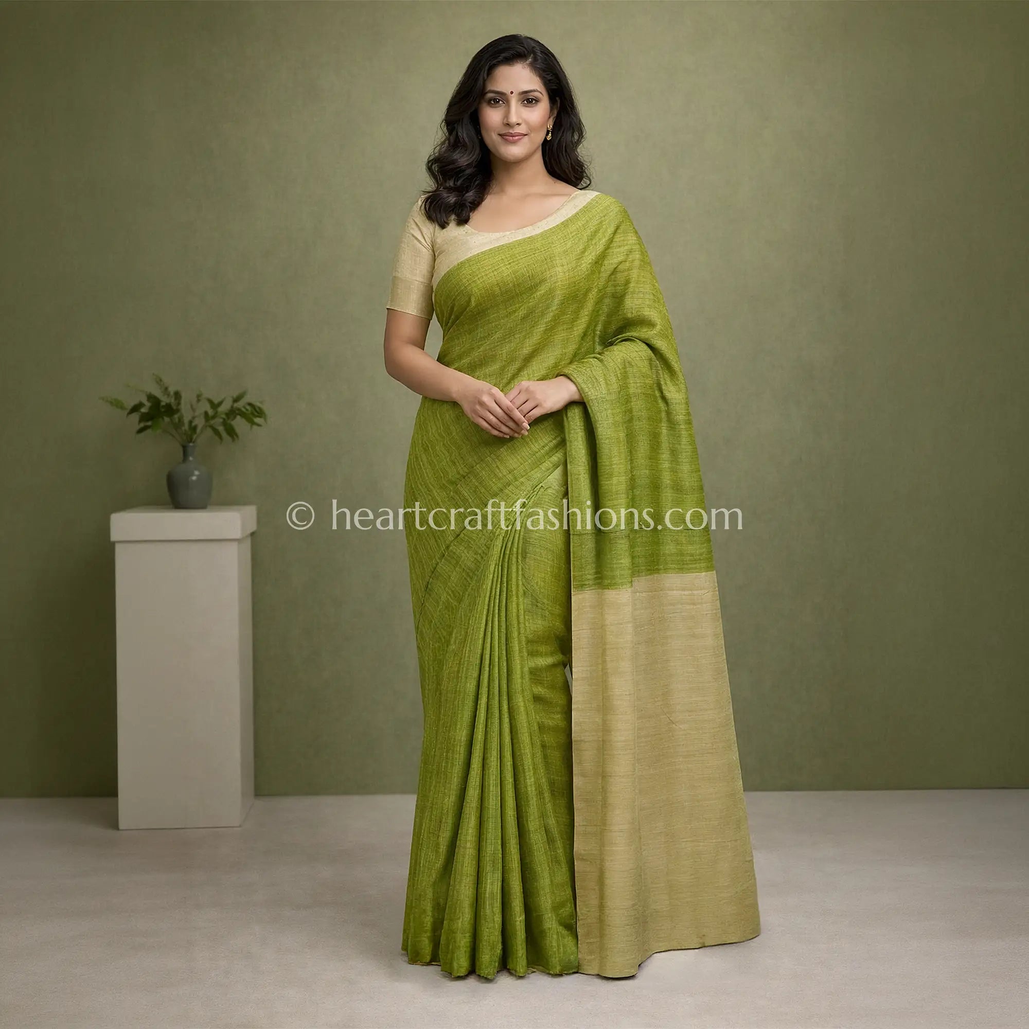 Moss Green & Olive Tone Handloom Tusser Saree