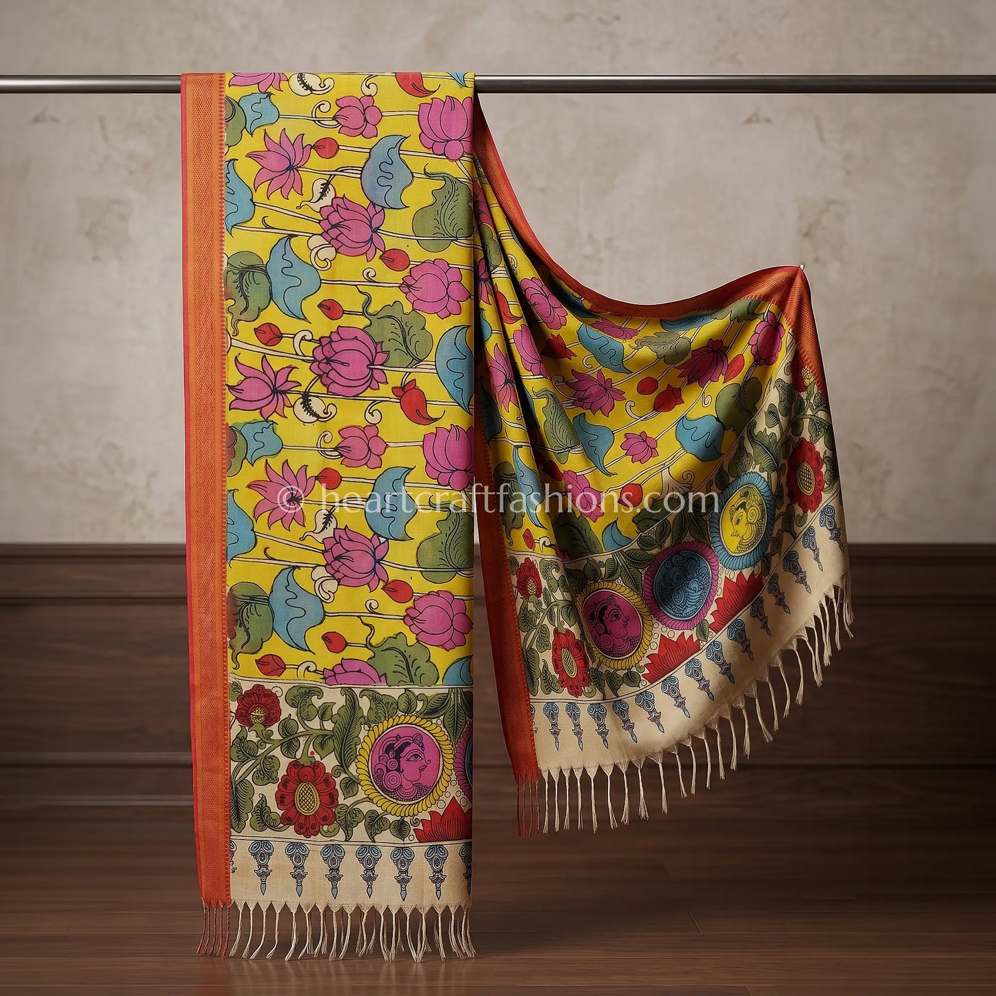 Mustard Yellow Kalamkari Hand Painted Bangalore Silk Lotus Pond Dupatta