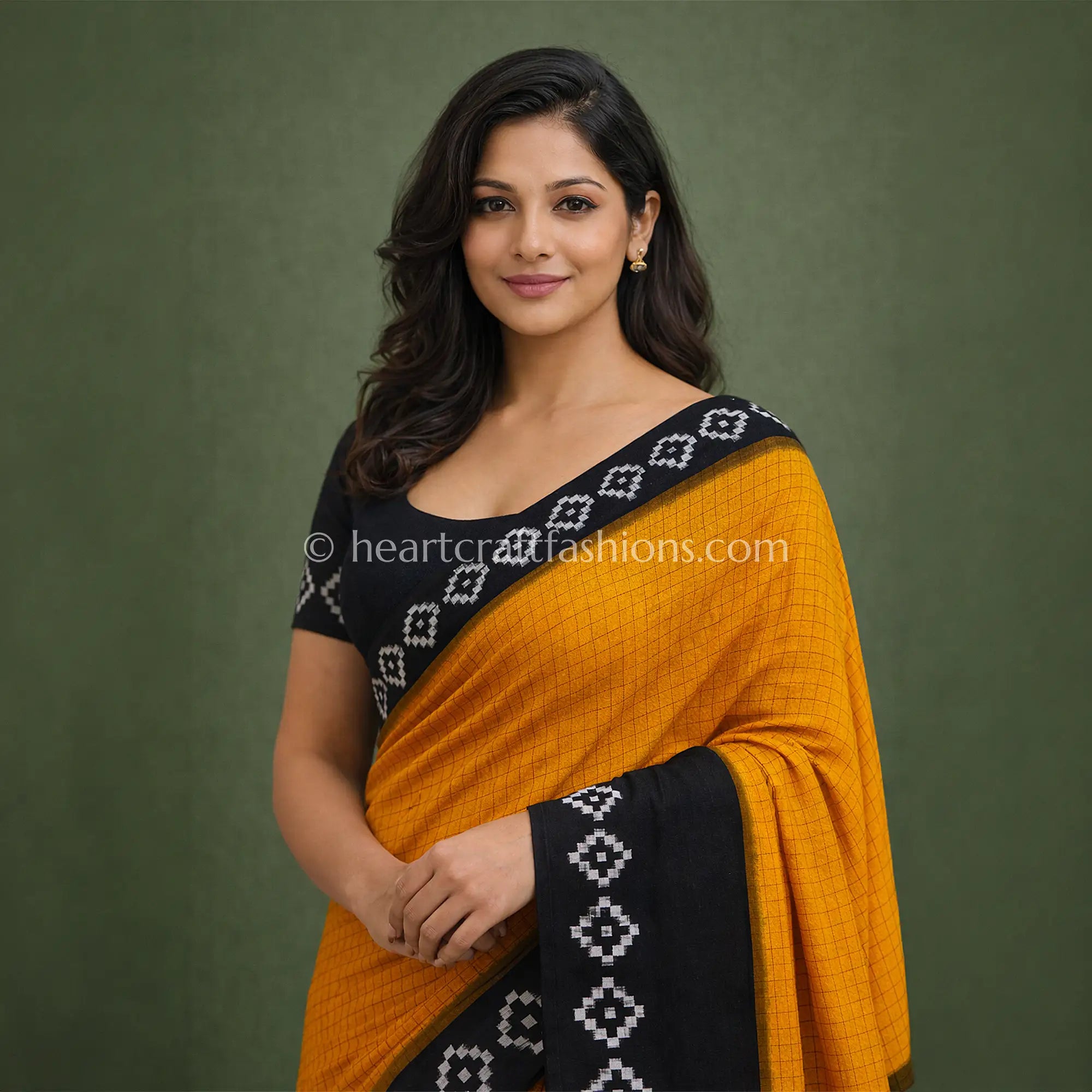 Mustard & Black Ikat Mercerized Cotton Saree