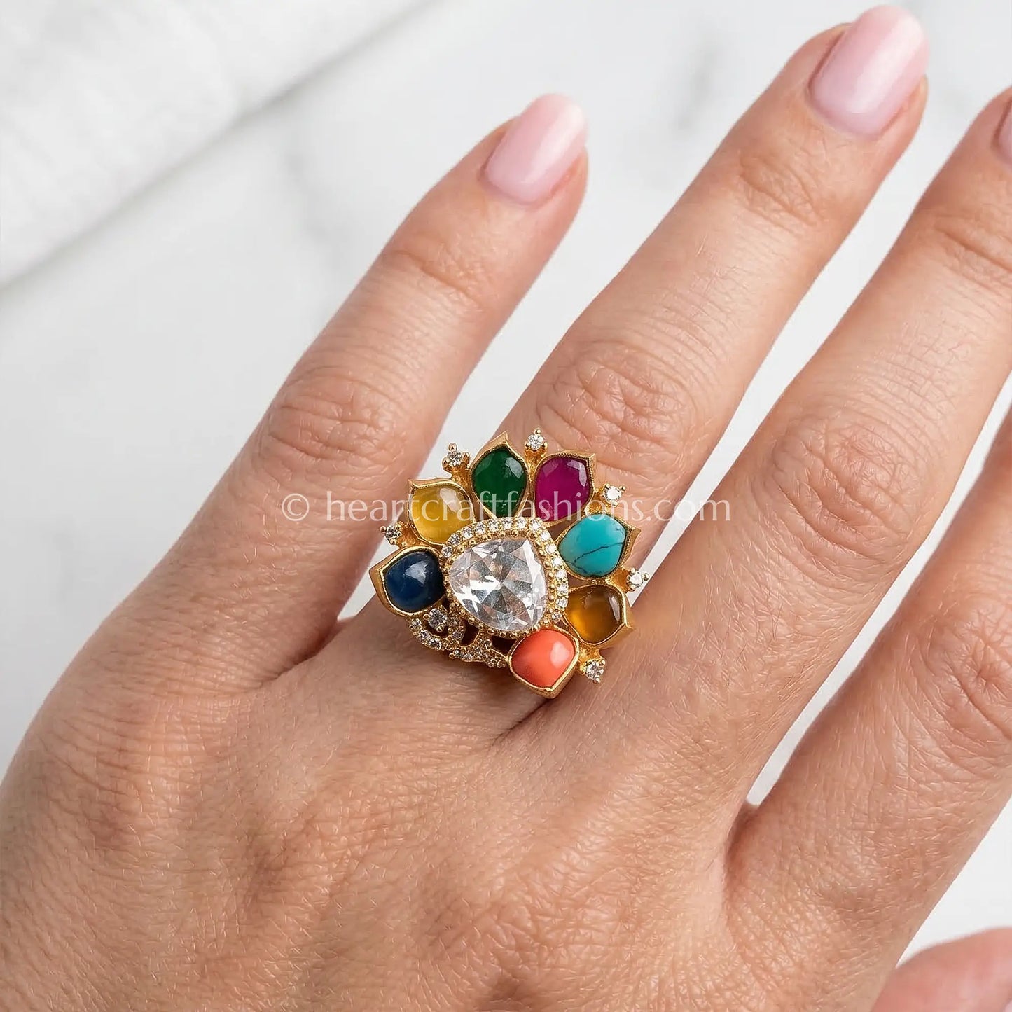Navratna Pushp Moissanite Polki Ring