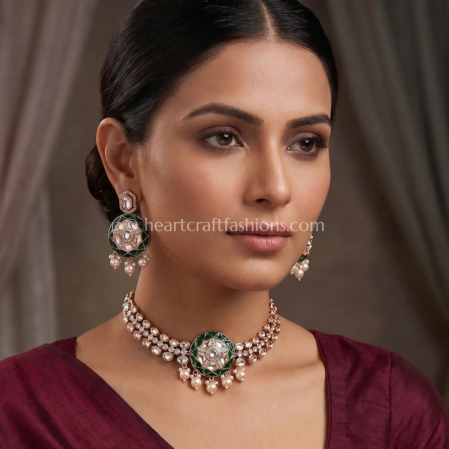 Noor Sunehri Kundan Green Stone Choker Set