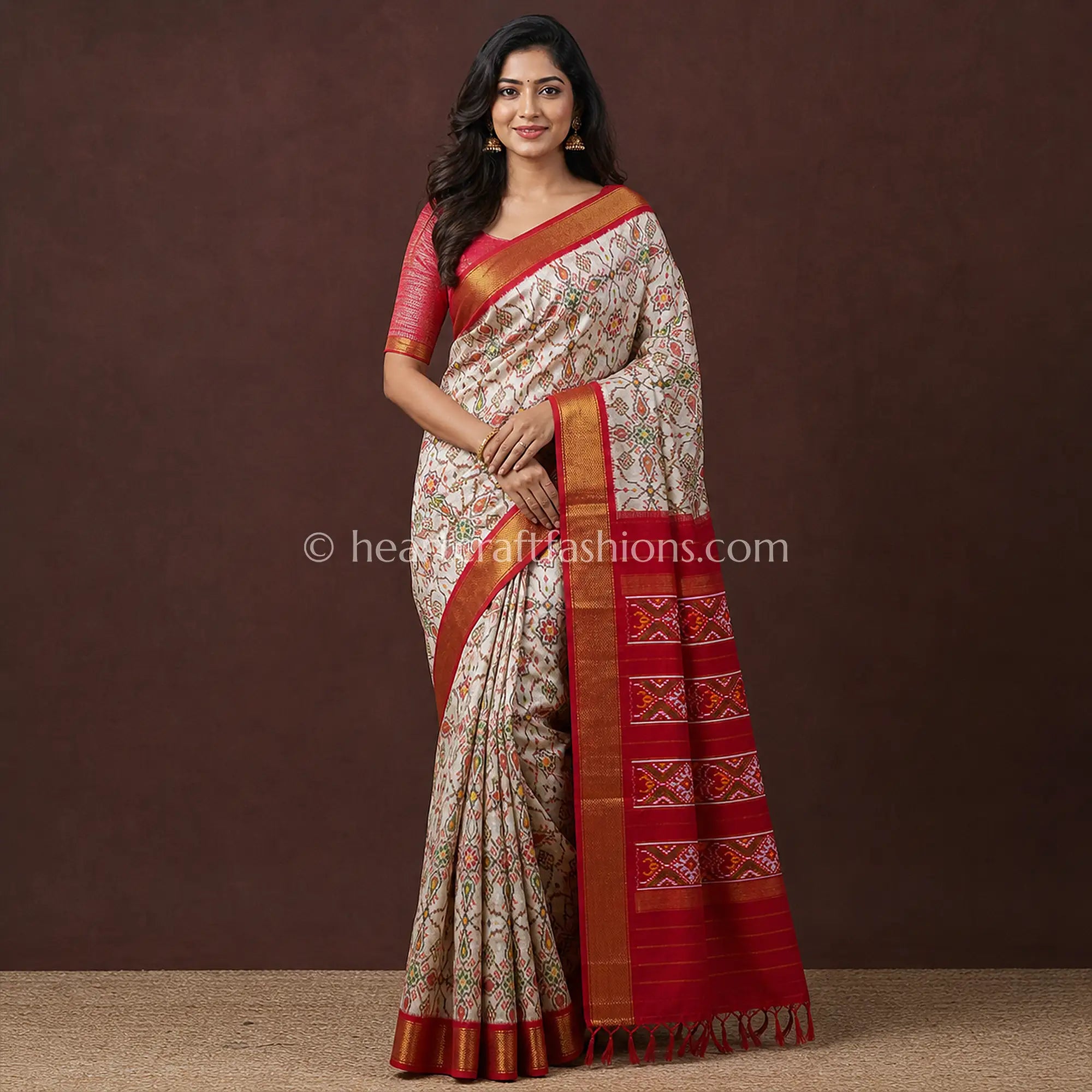 Off White & Red Traditional Patola Silk Saree