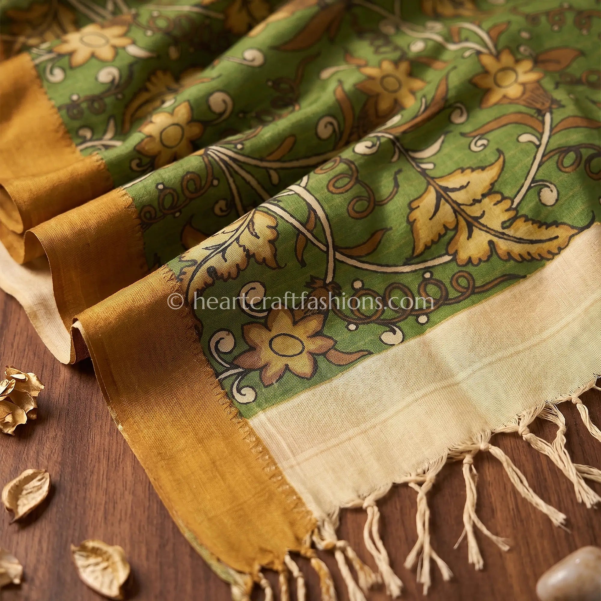 Olive Green Kalamkari Hand Painted Bangalore Silk Floral Vine Dupatta