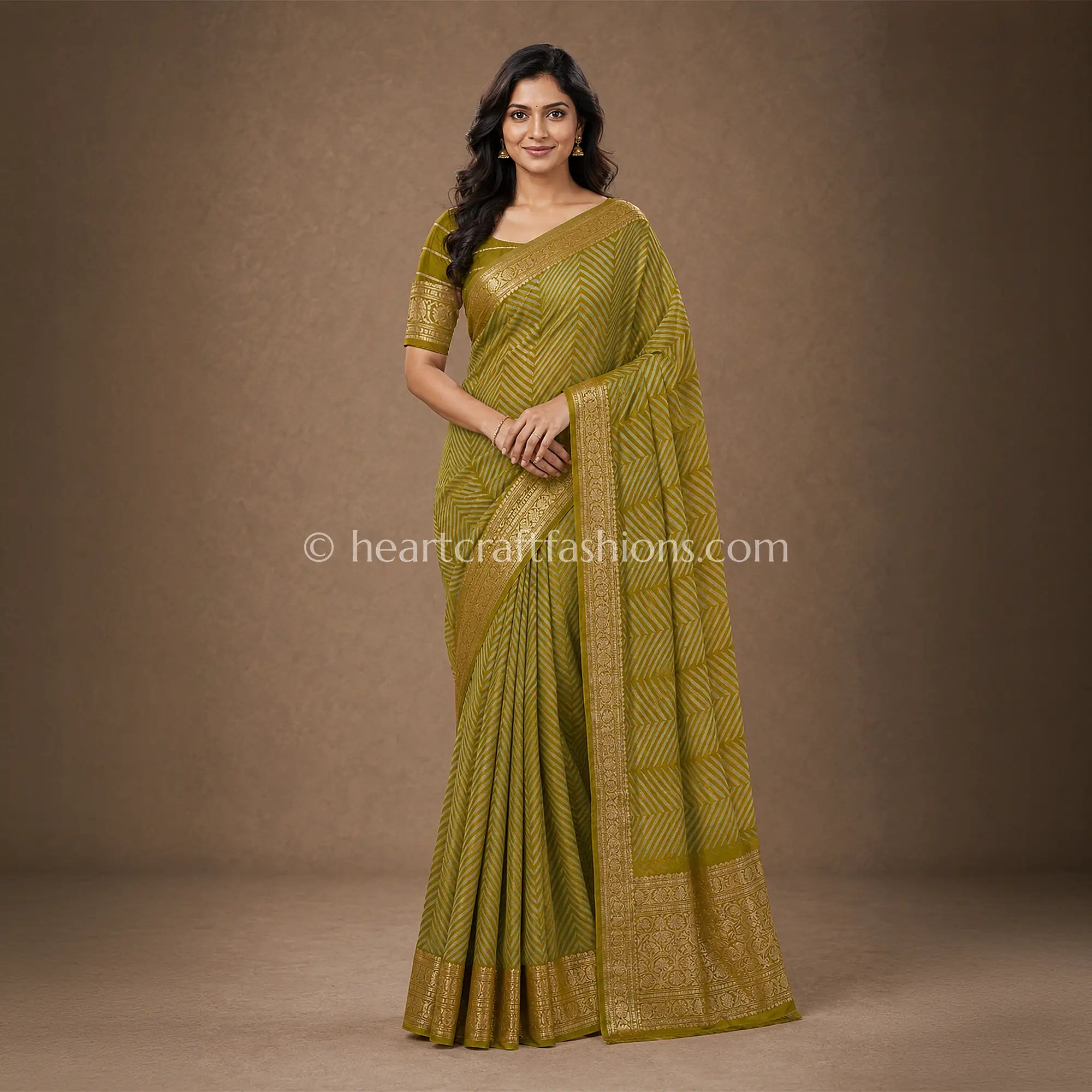 Olive Green Kora Silk Banarasi Saree