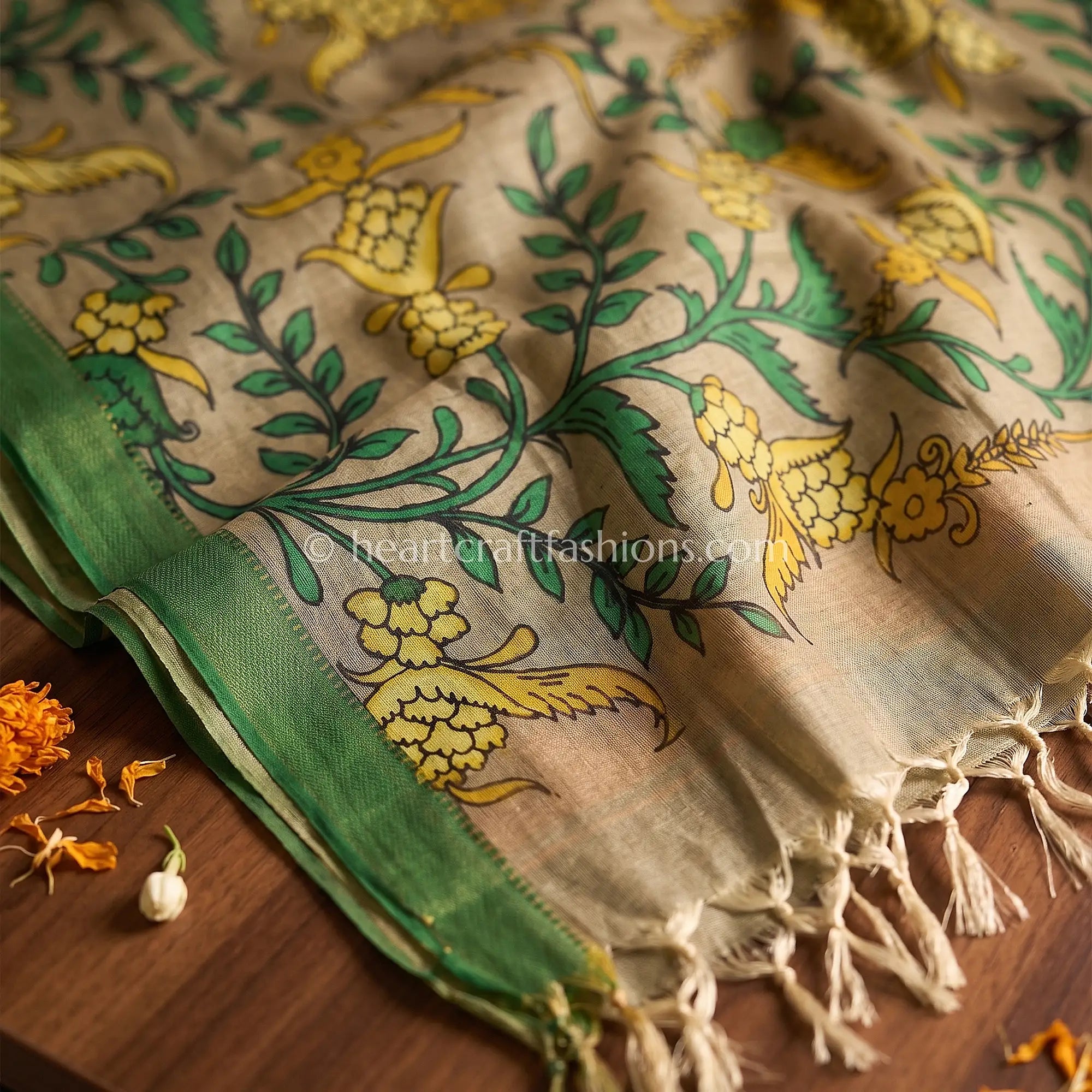 Olive Grey Kalamkari Hand Painted Bangalore Silk Floral Vine Dupatta