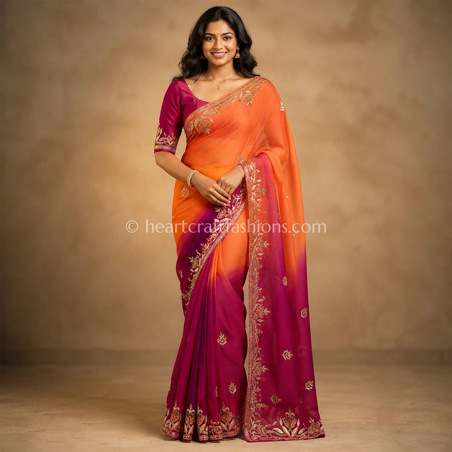 Ombre Orange Pink Designer Kora Silk Gota Patti & Heavy Pita Handwork Saree