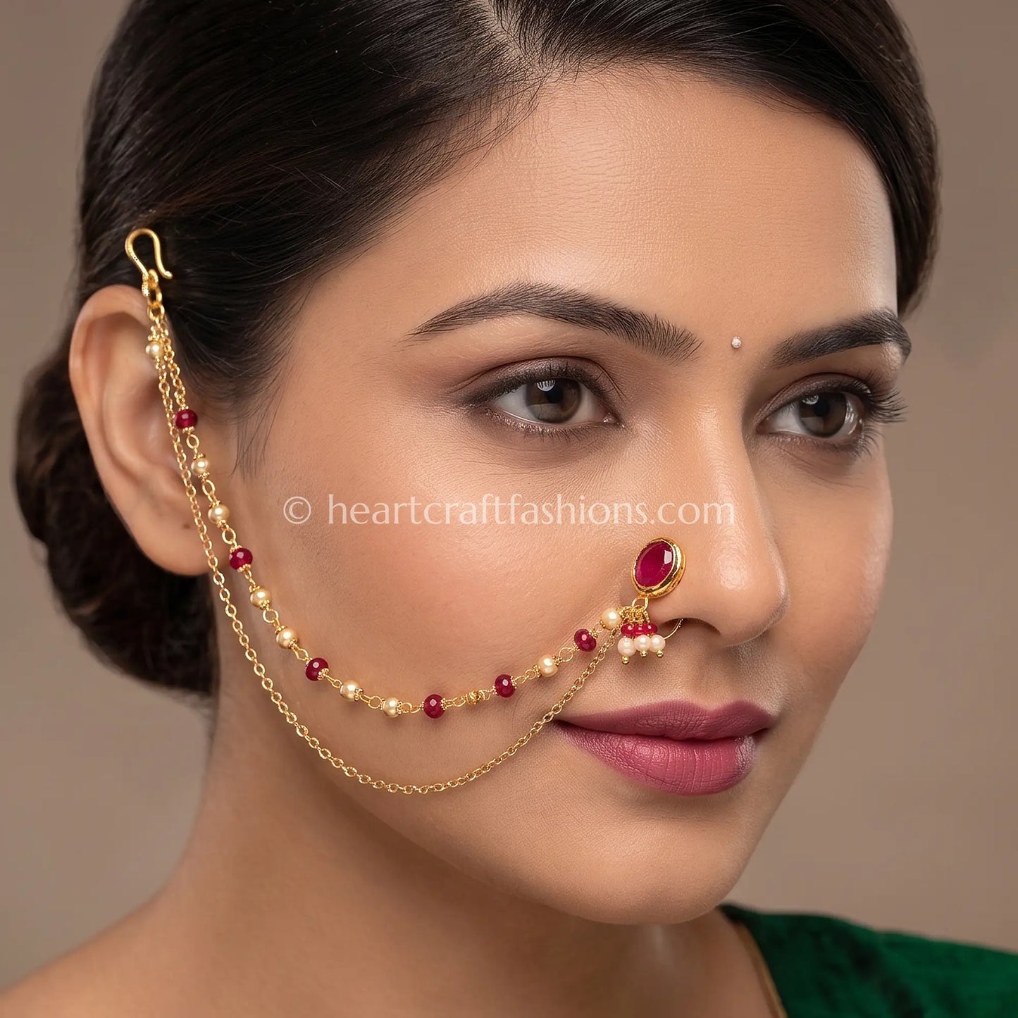 Oval Ruby Heritage Kundan Press Nath with Layered Chain