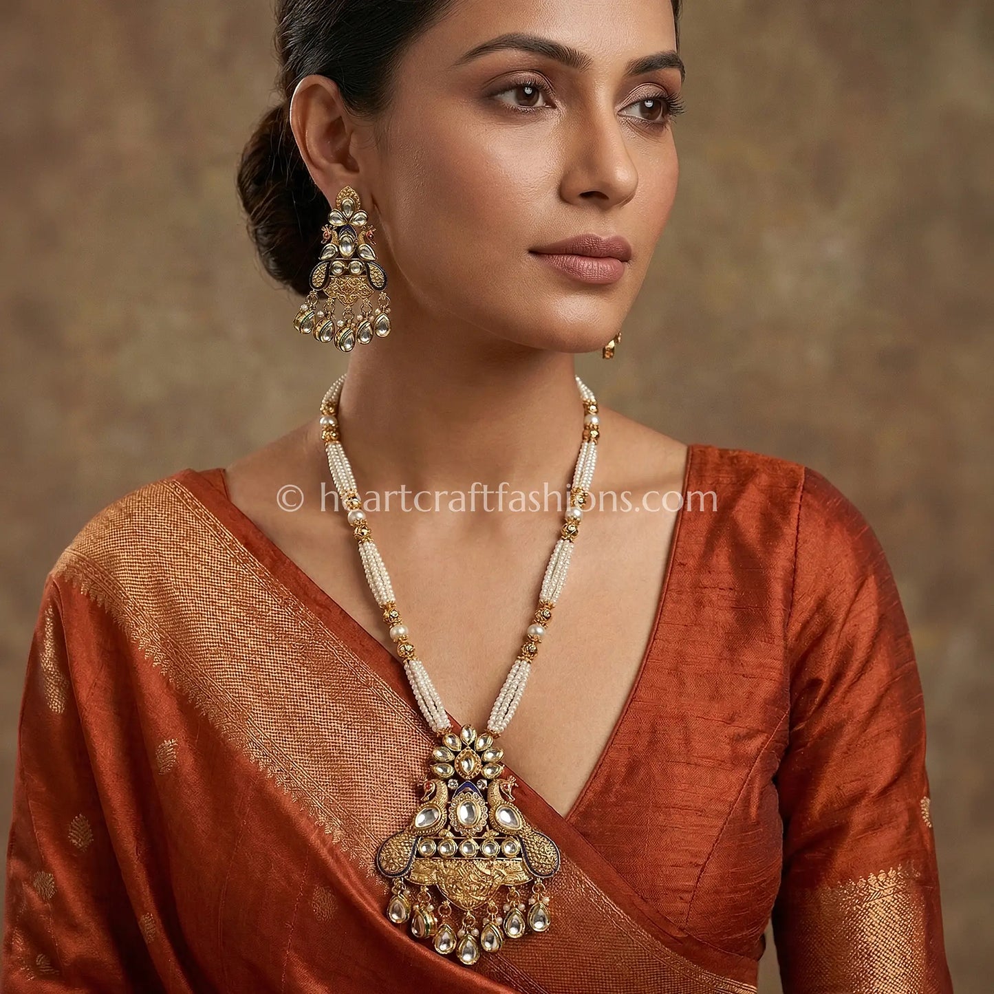 Peacock Motif AC Kundan Pearl Pendant Set