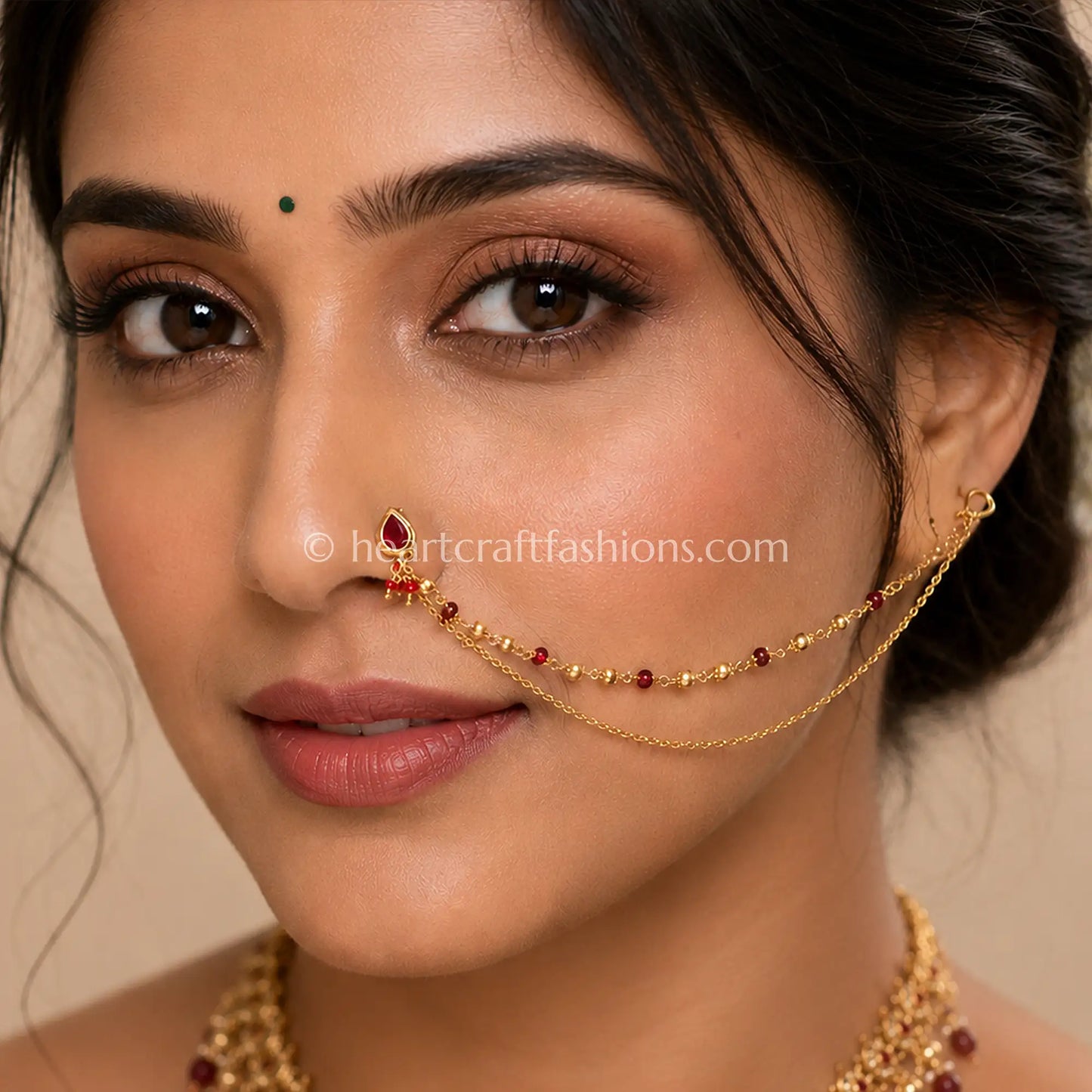 Pear Ruby Heritage Kundan Press Nath with Layered Chain
