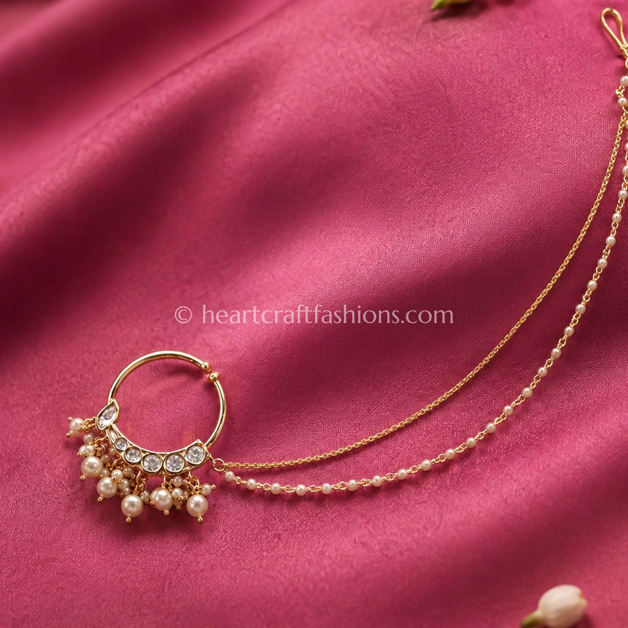 Pearl Cluster Fringe Sunehri Kundan Hoop Nath