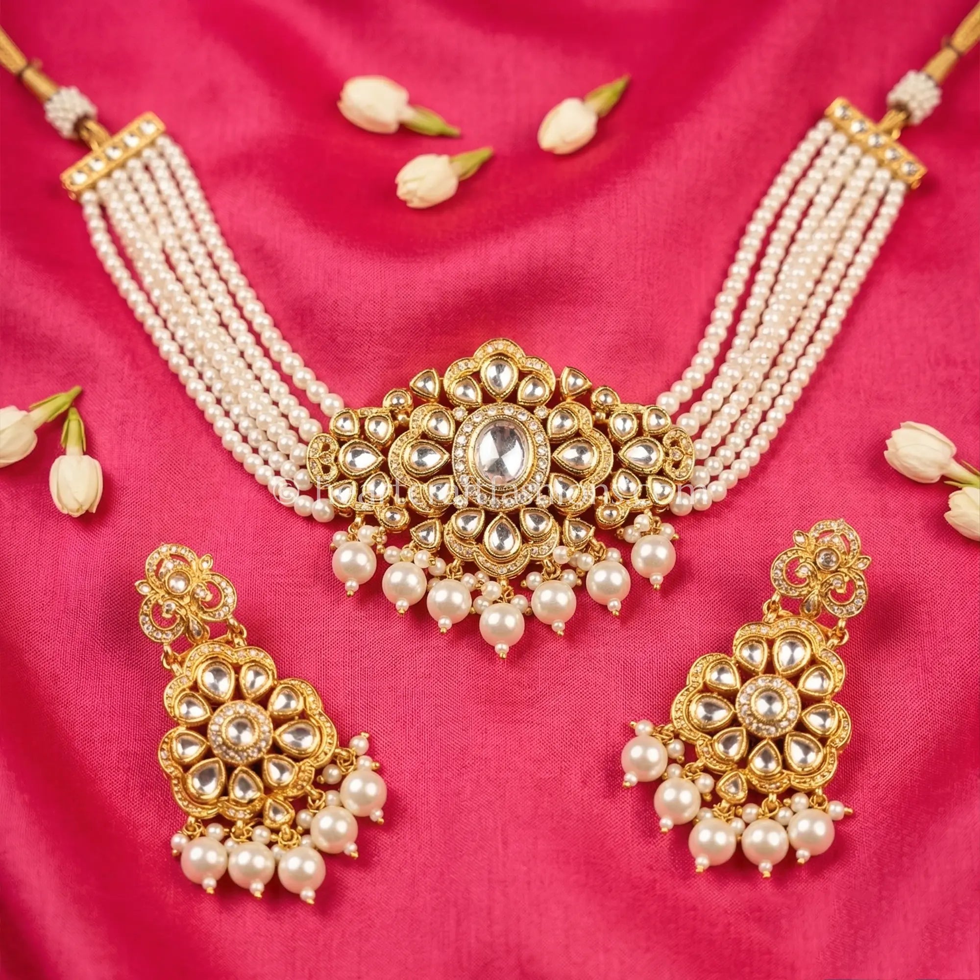 Pearl Layered Moissanite Polki Choker Set