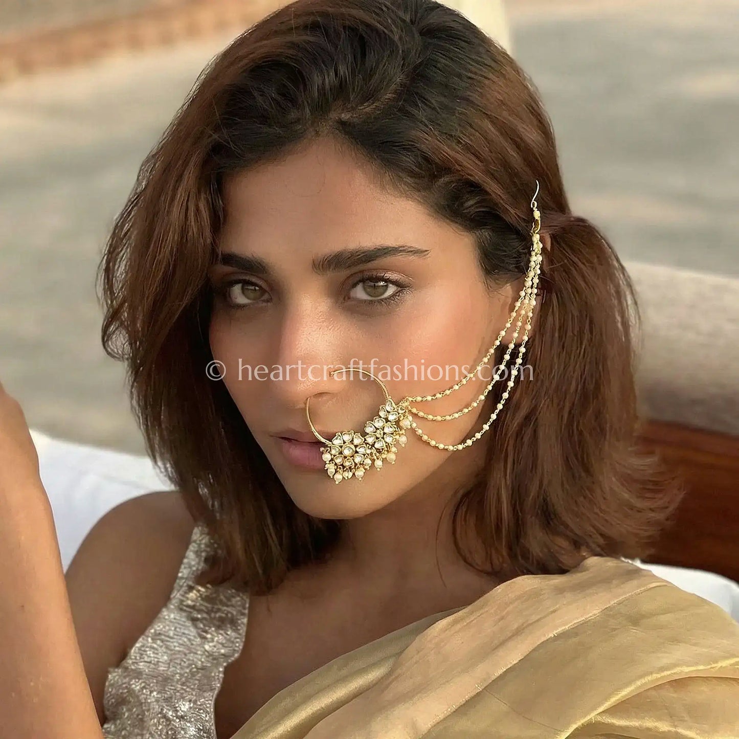 Polki Pearl Nath with Triple Chain