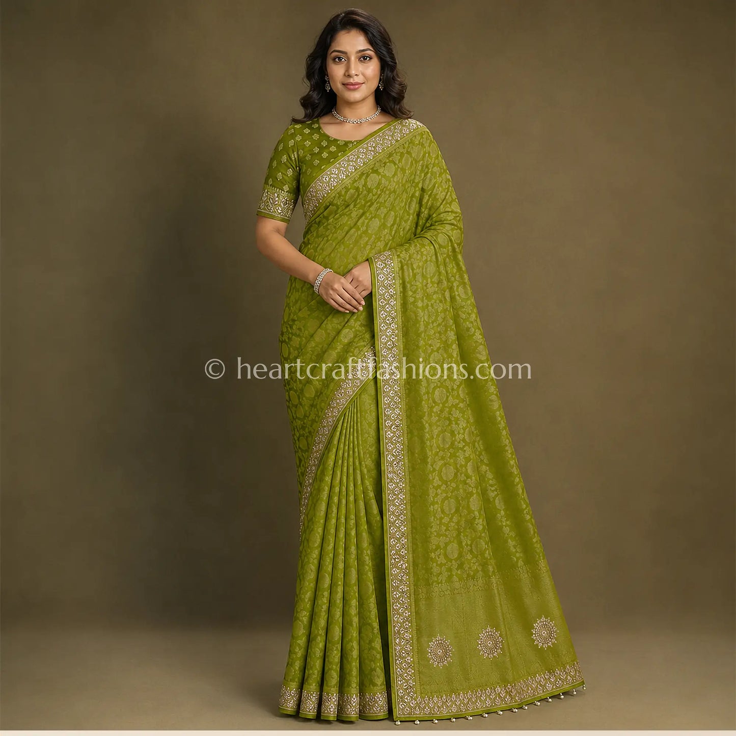 Premium Olive Green Khadi Georgette Designer Kolkata Handwork Saree