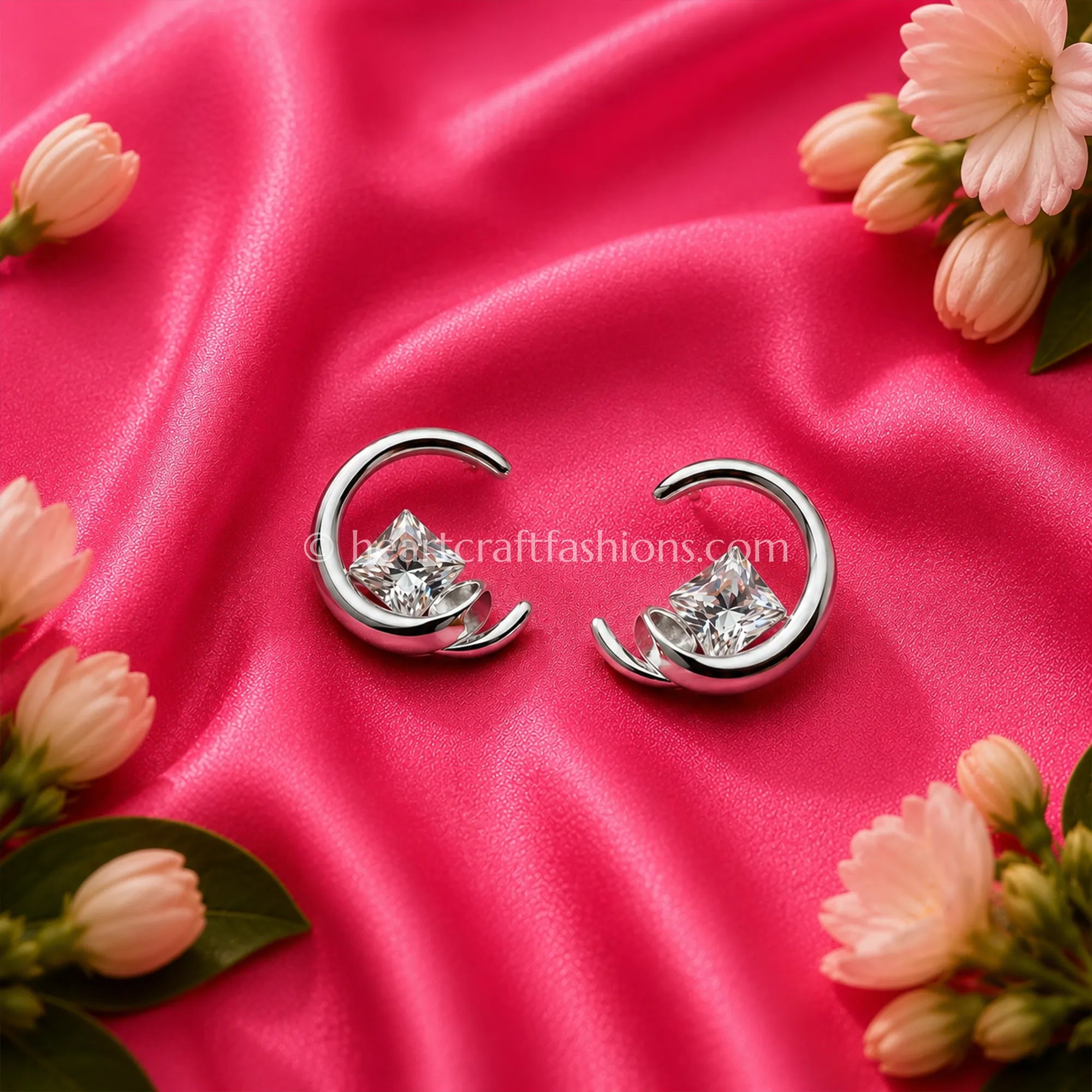 Pure Silver Floating Princess-Cut Crescent Hoop Earrings – Hallmarked
