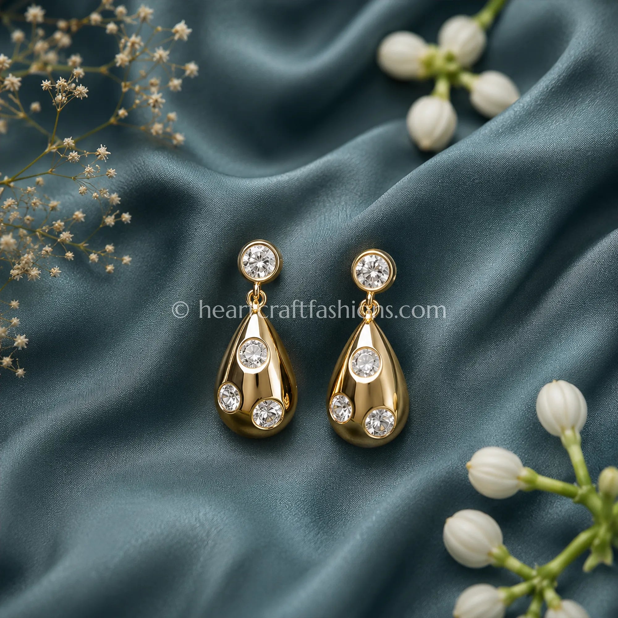 Pure Silver Gold-Plated Scattered Stone Teardrop Earrings – Hallmarked