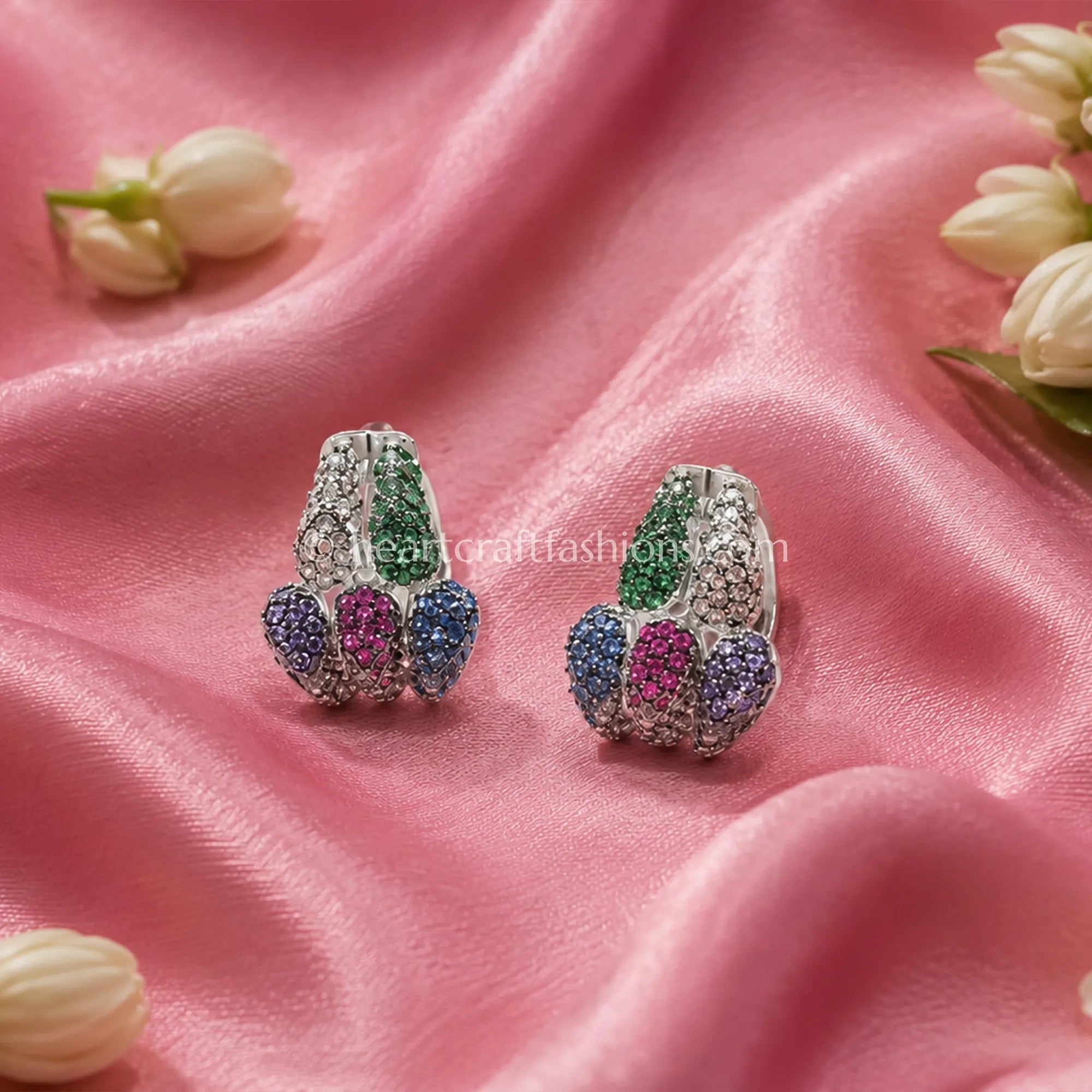 Pure Silver Multi-Gemstone Cluster J-Hoop Earrings – Luminous Silver Finish