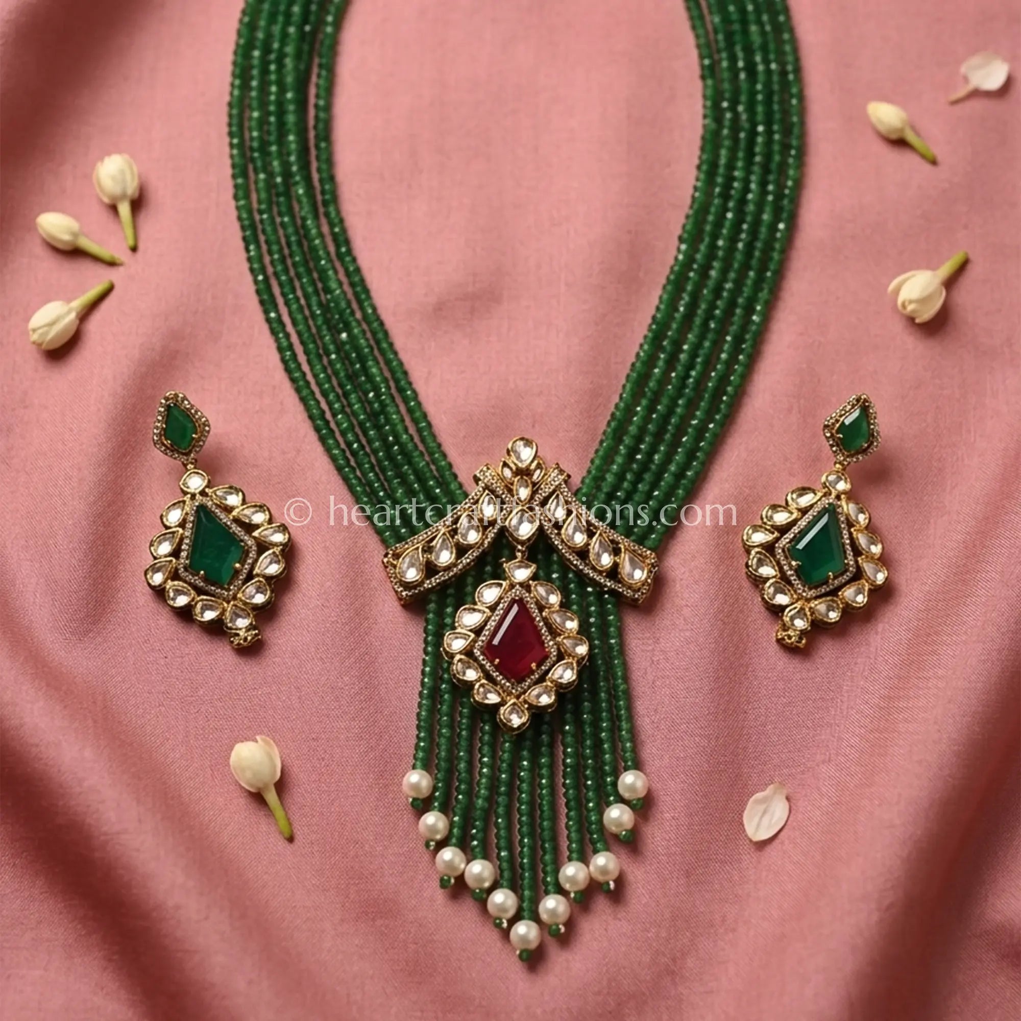 Royal Ruby Green Doublet Onyx Pirohi Sunehri Kundan Necklace