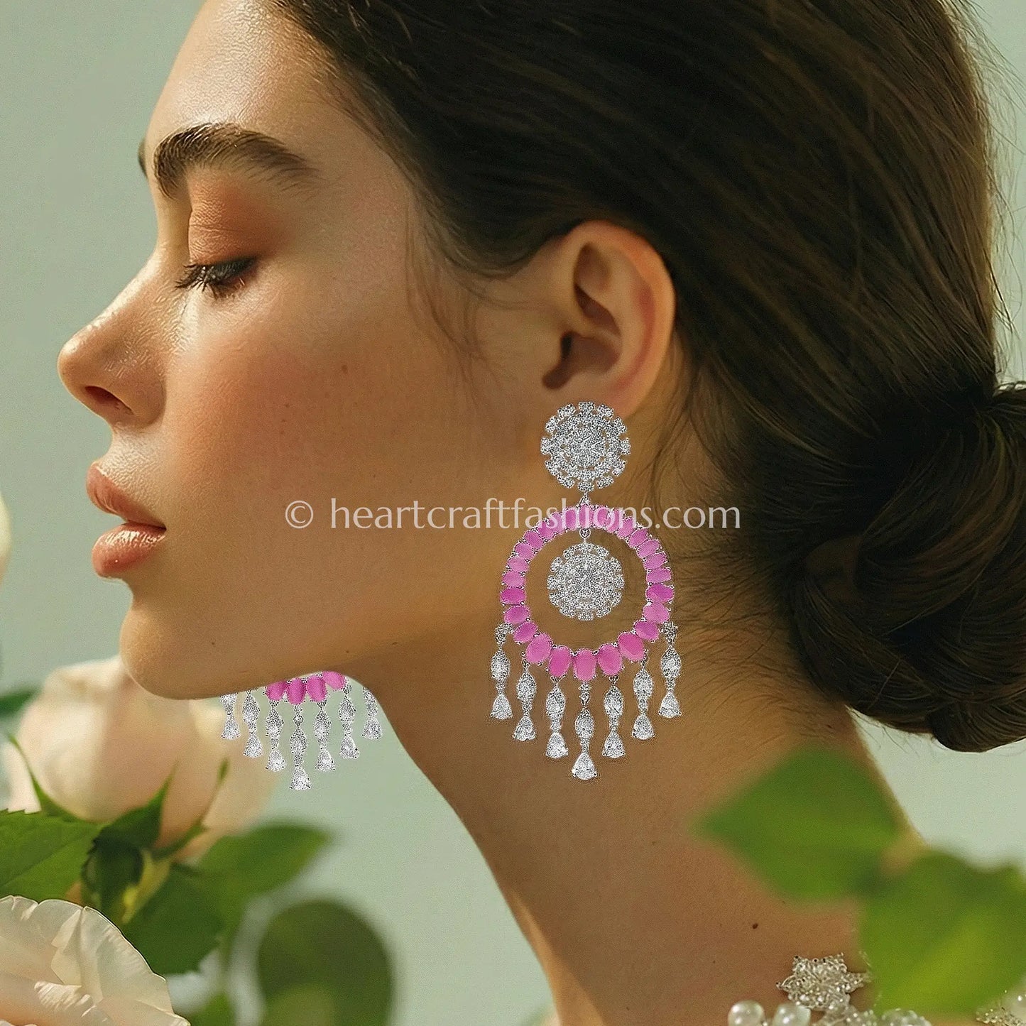 Raasika Zircon Chandbali Earrings – Pink