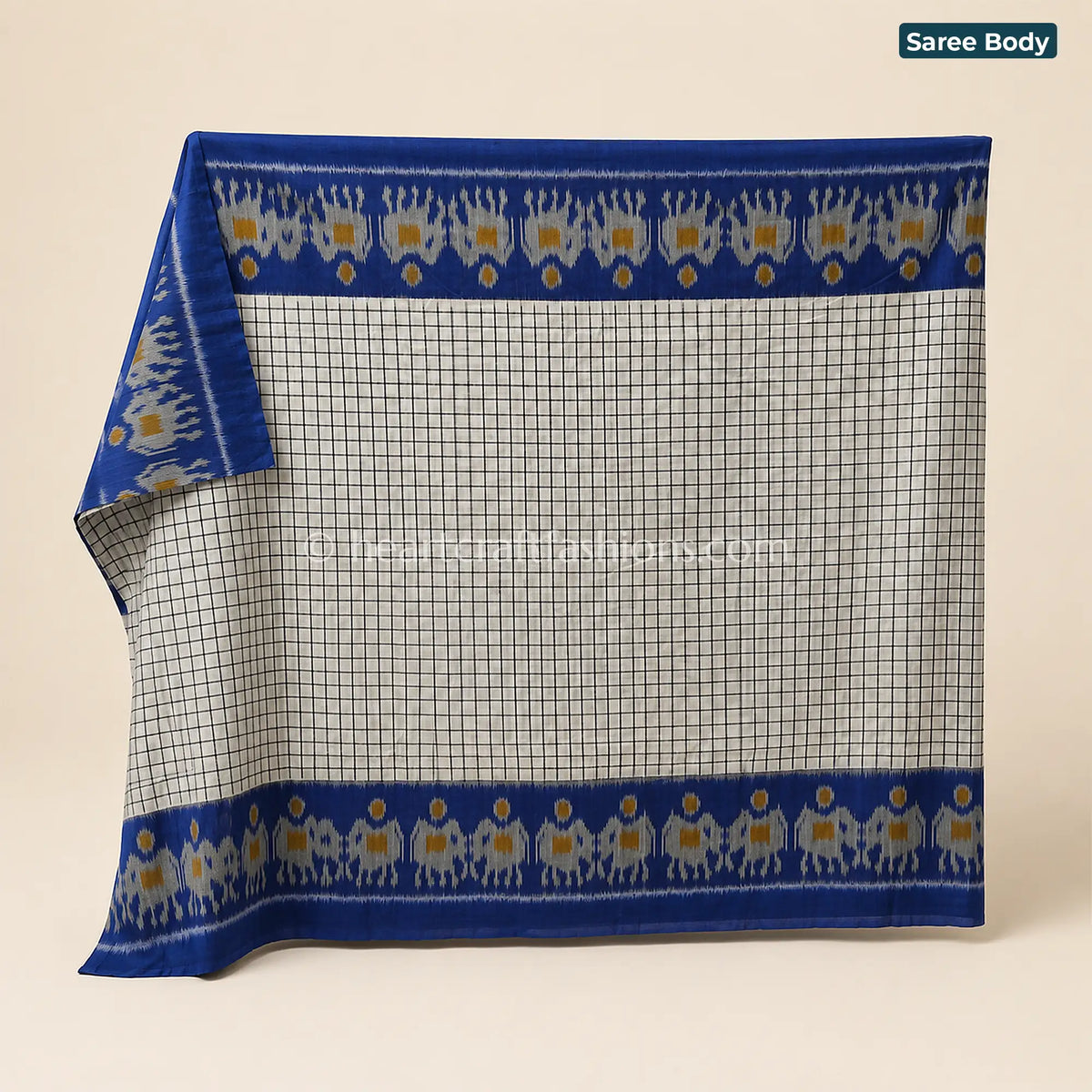 Rajkot Patola White Checks & Blue Ikat Mercerized Cotton Saree