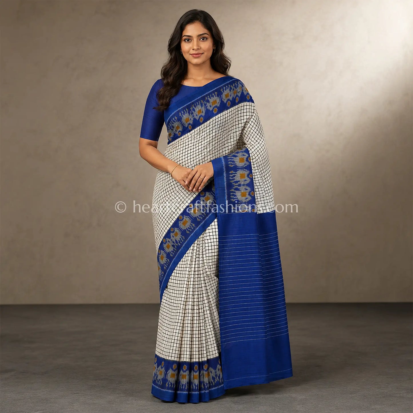 Rajkot Patola White Checks & Blue Ikat Mercerized Cotton Saree