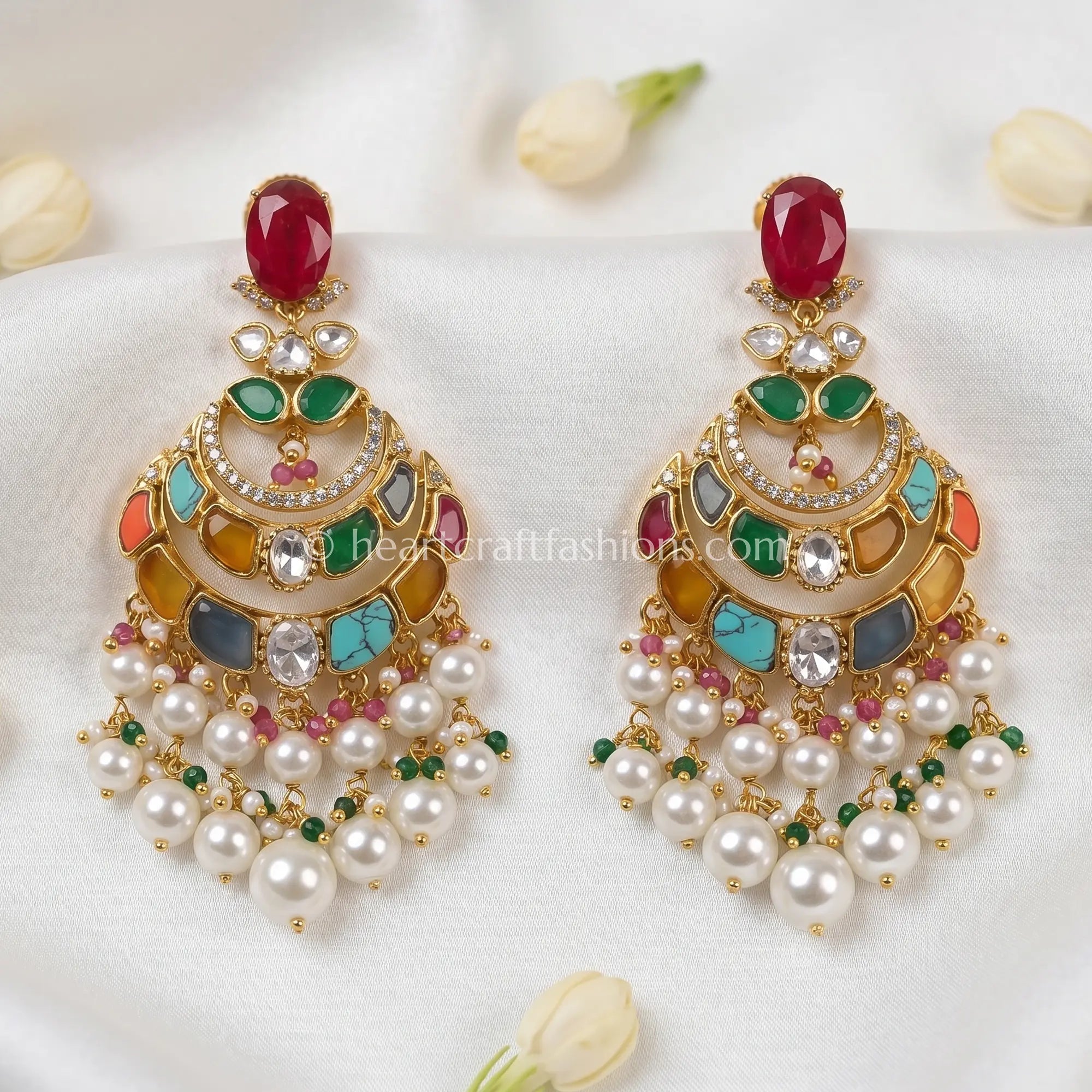 Rajnandini Navratna Doublet Moissanite Chandbali Earrings