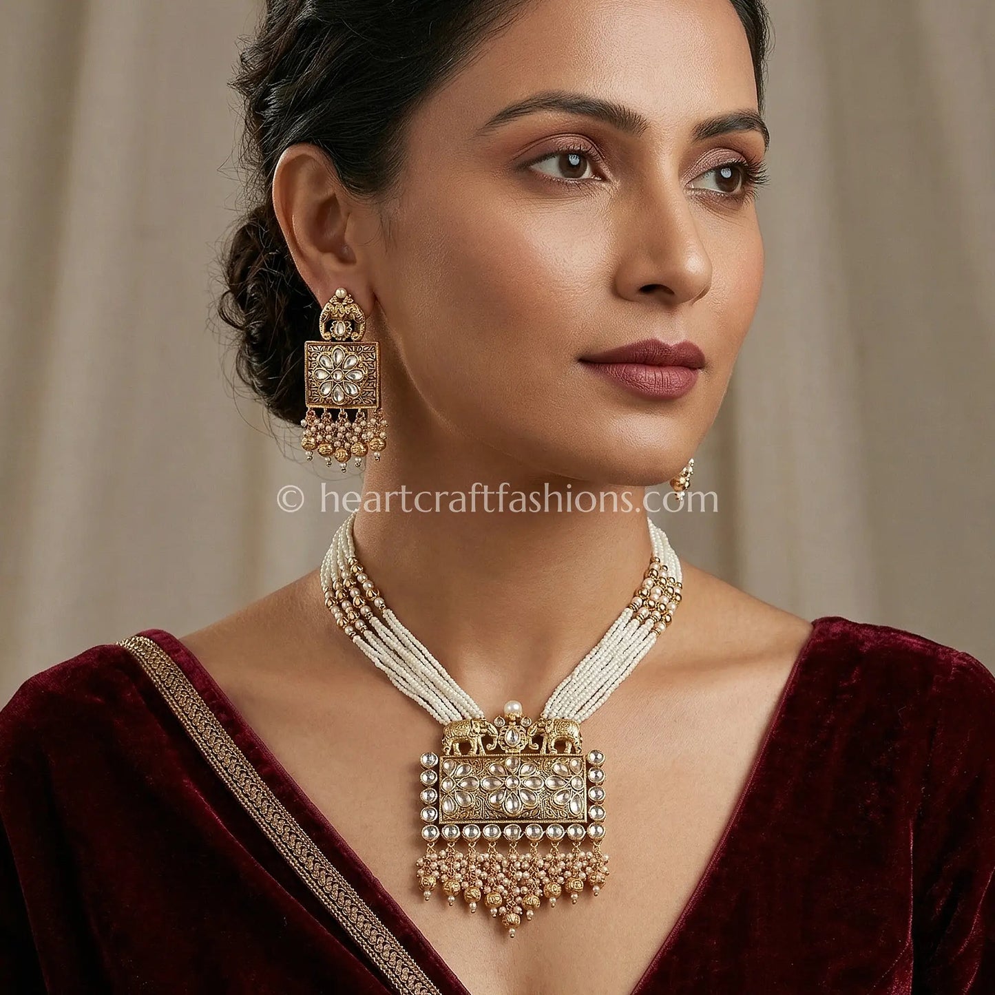 Rajputana Kundan Elephant Motif Pearl Necklace Set