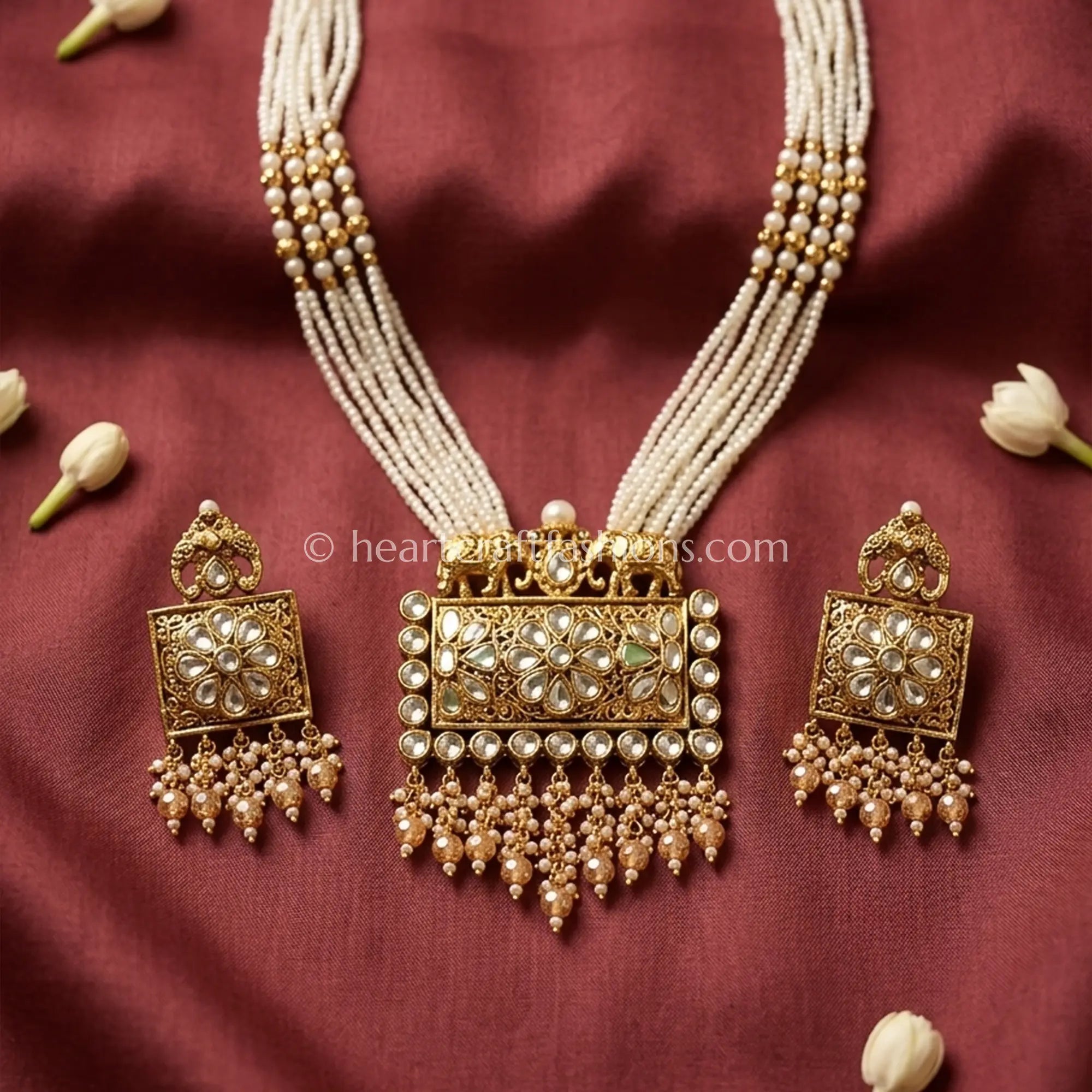 Rajputana Kundan Elephant Motif Pearl Necklace Set