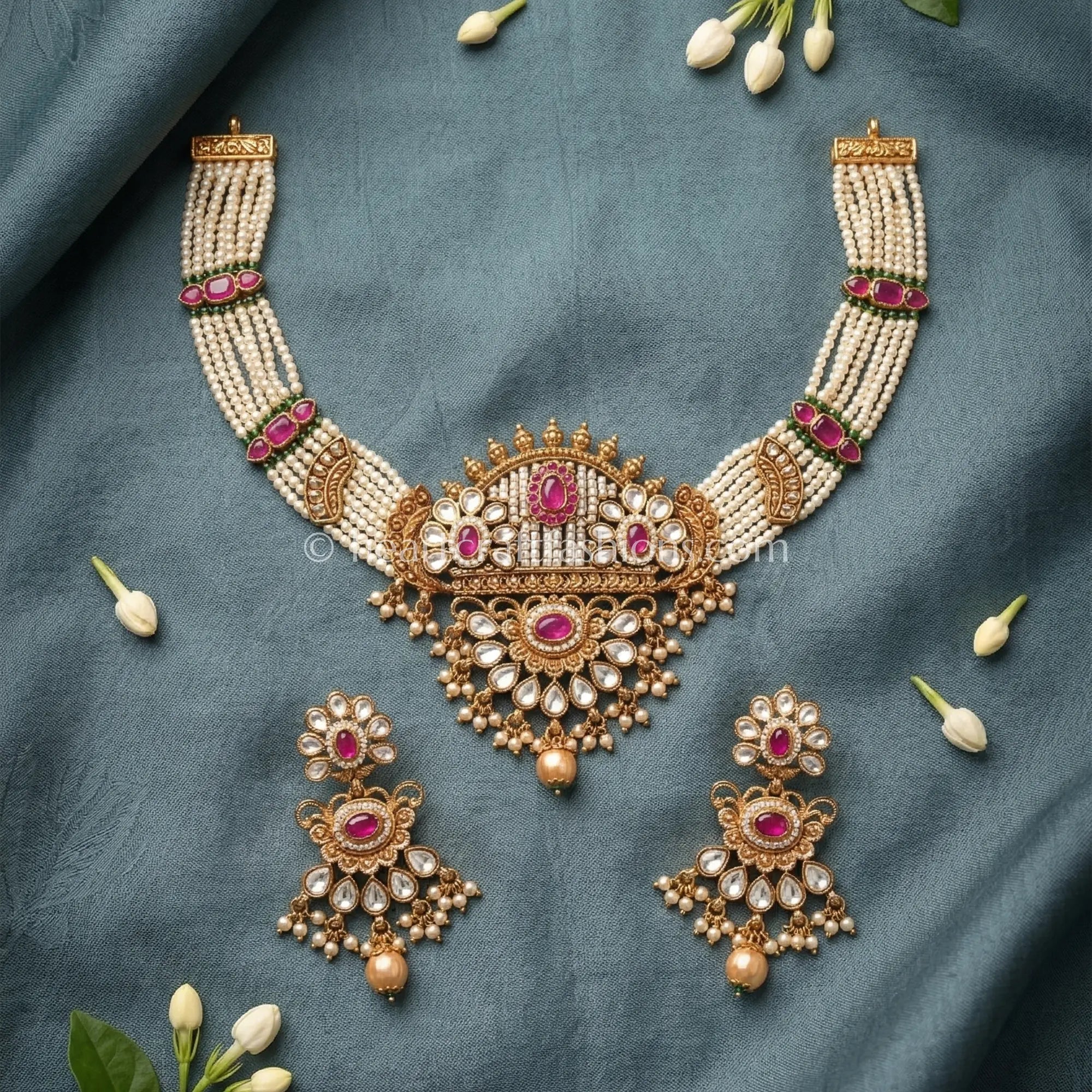 Rajwadi Kundan Pearl Choker Set