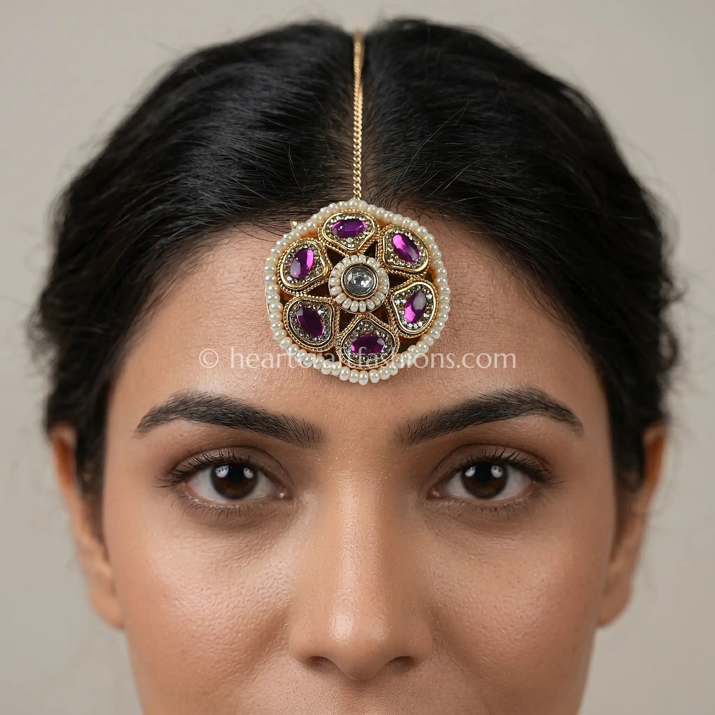 Rajwadi Ruby-Studded Floral Borla with Pearl Trim
