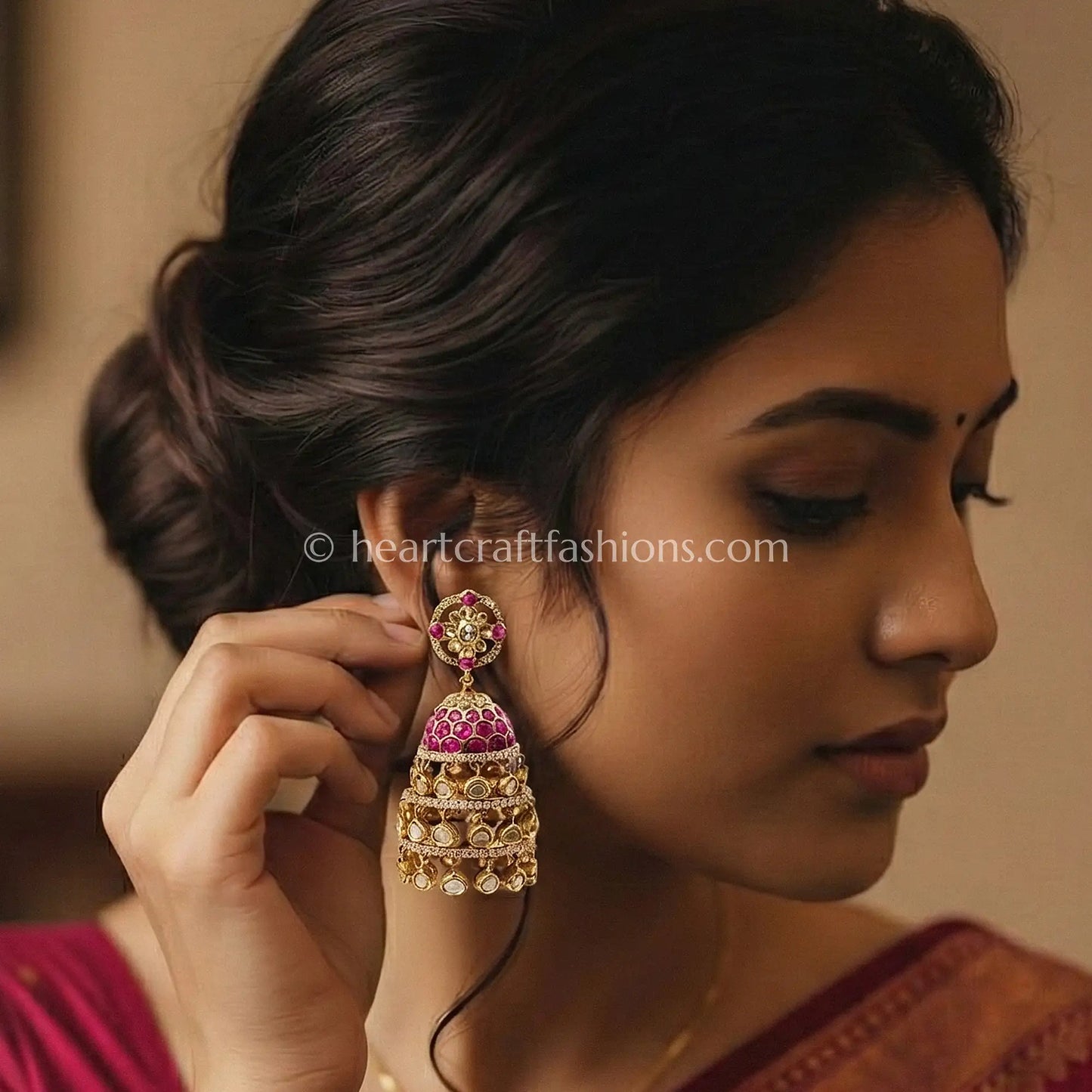 Rani Pink Sunehri Kundan Jhumar Jhumka