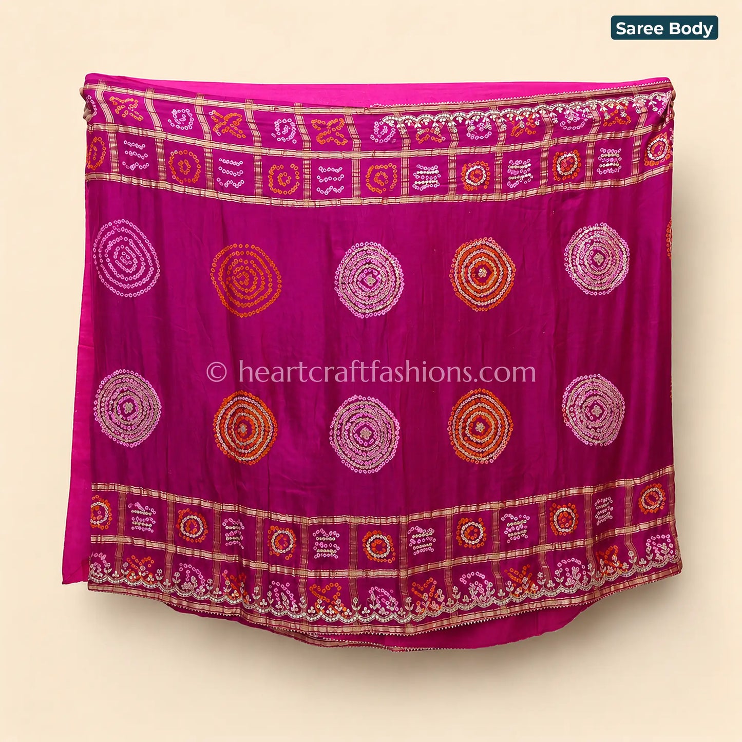 Rani Pink Pure Gajji Silk Garchola Bandhej Gota Patti Saree