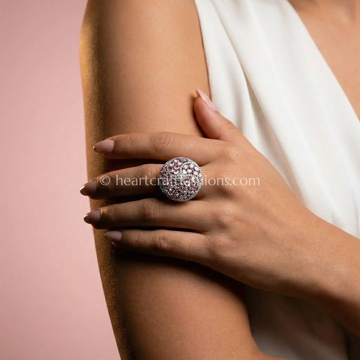 Rose Quartz Swirl Crystal Statement Ring