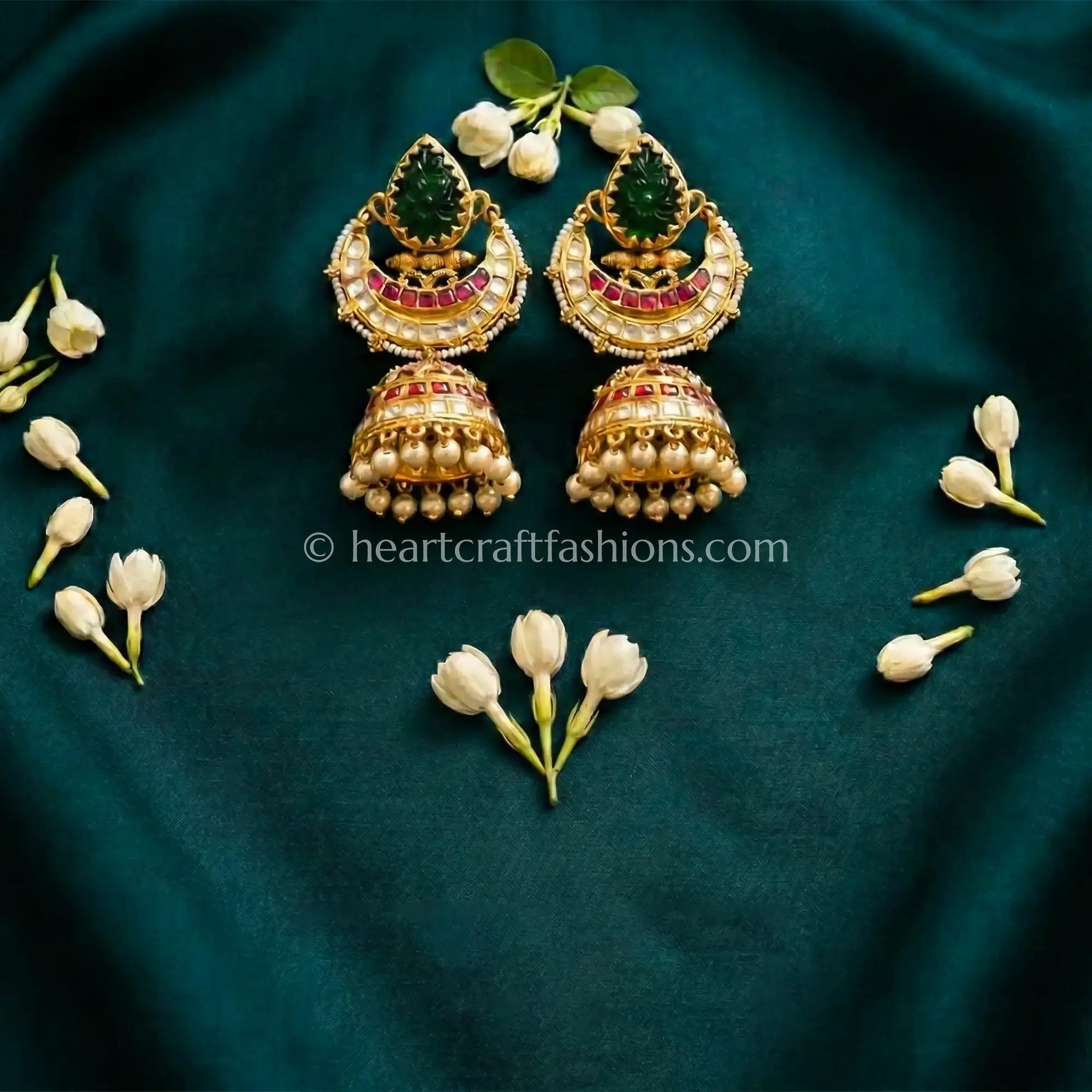Royal Emerald Green & Ruby Jadau Kundan Pearl Jhumka