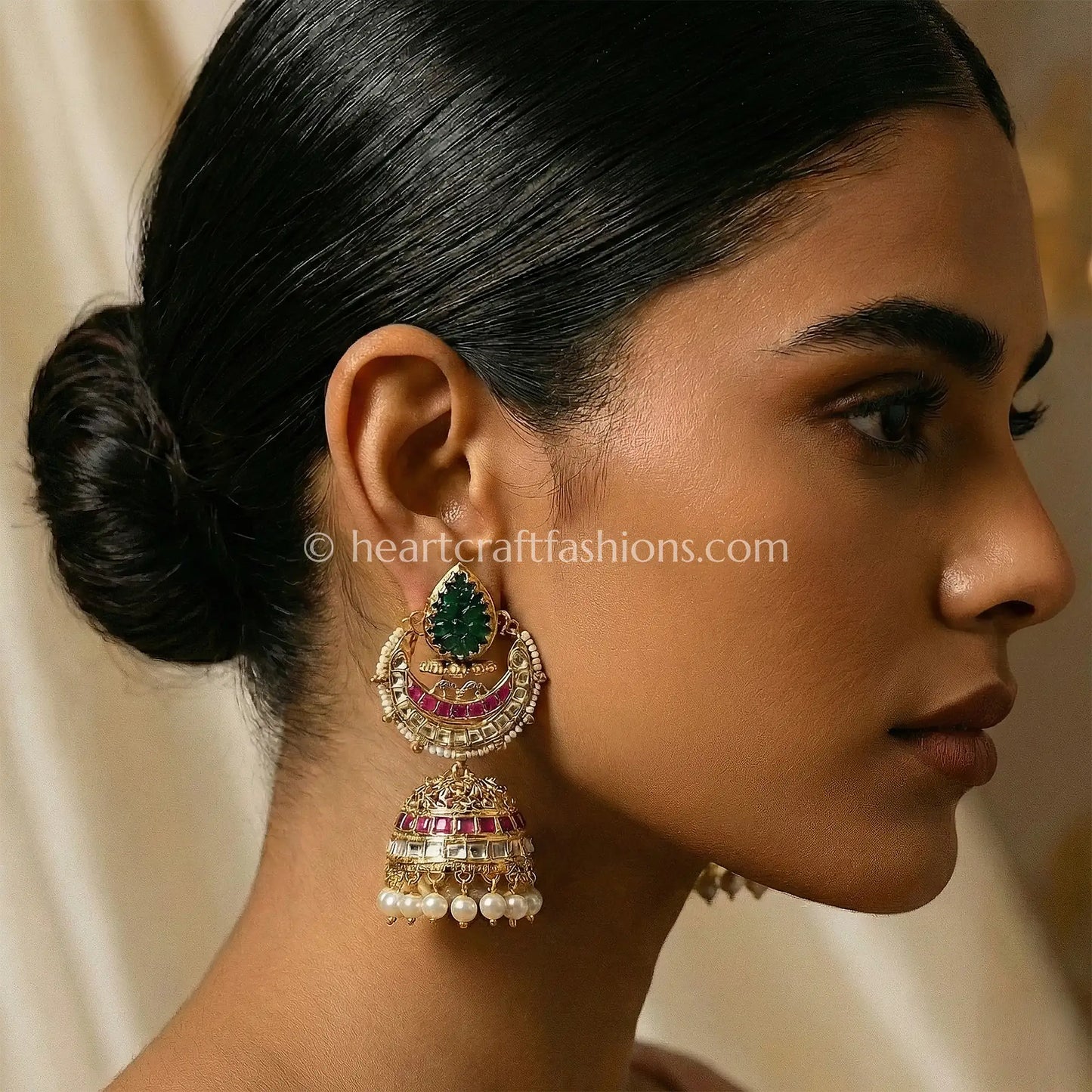 Royal Emerald Green & Ruby Jadau Kundan Pearl Jhumka