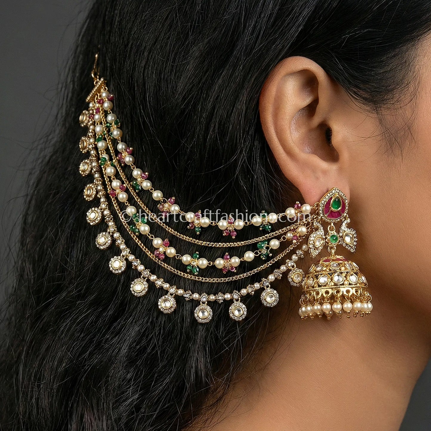 Sunehri Kundan Peacock Jhumka with Kanchain