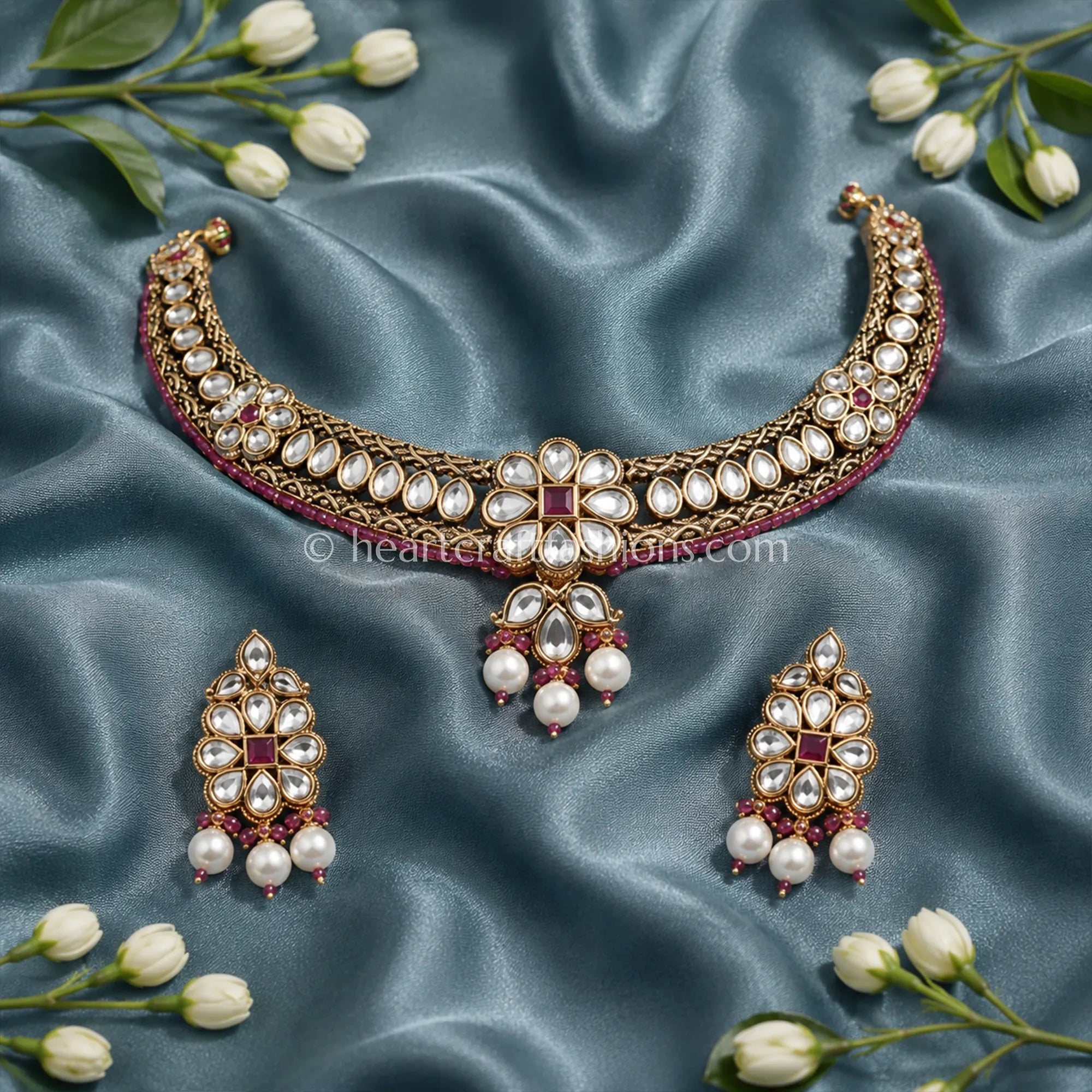 Royal Kundan Hasli & Ruby Bead Accent Choker Set with Pearl Drops