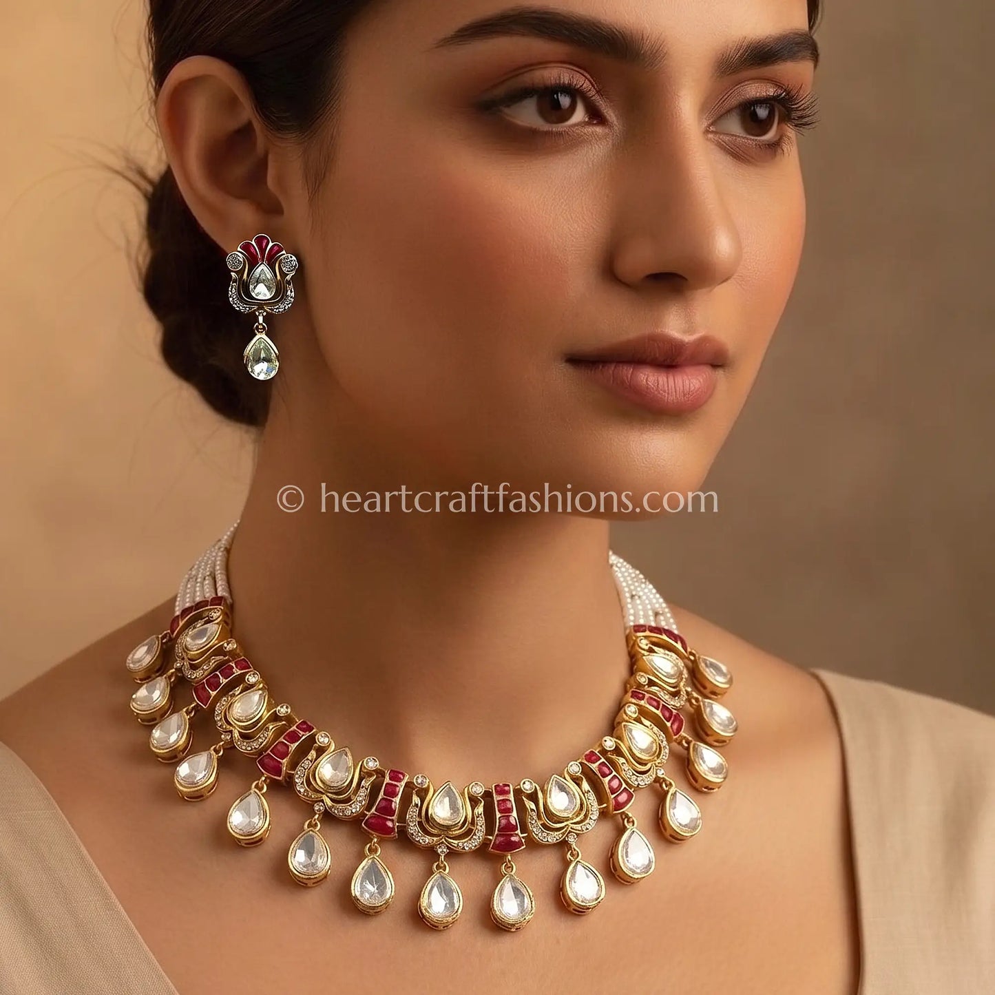Royal Moissanite Polki & Ruby Red Crescent Choker Set