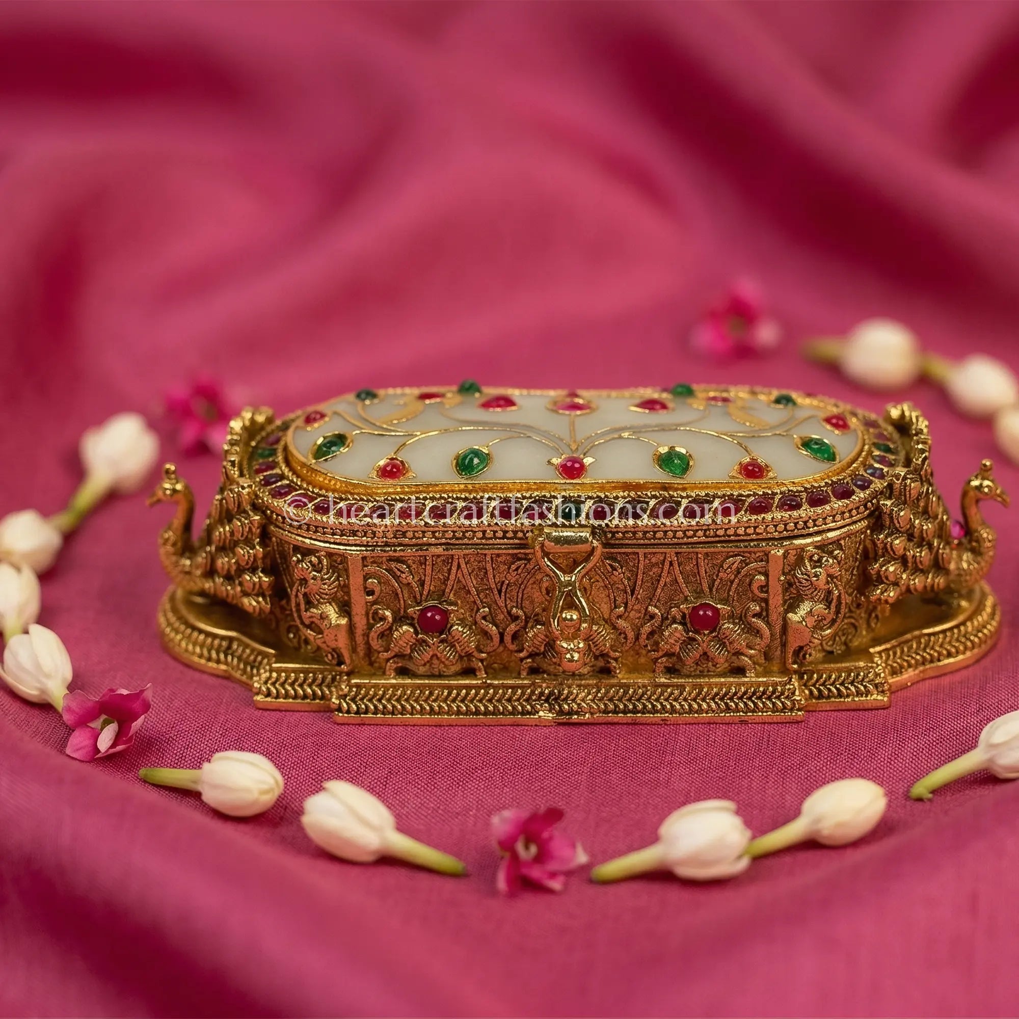 Royal Peacock Sindoor Box (Ivory Enamel & White Stone)