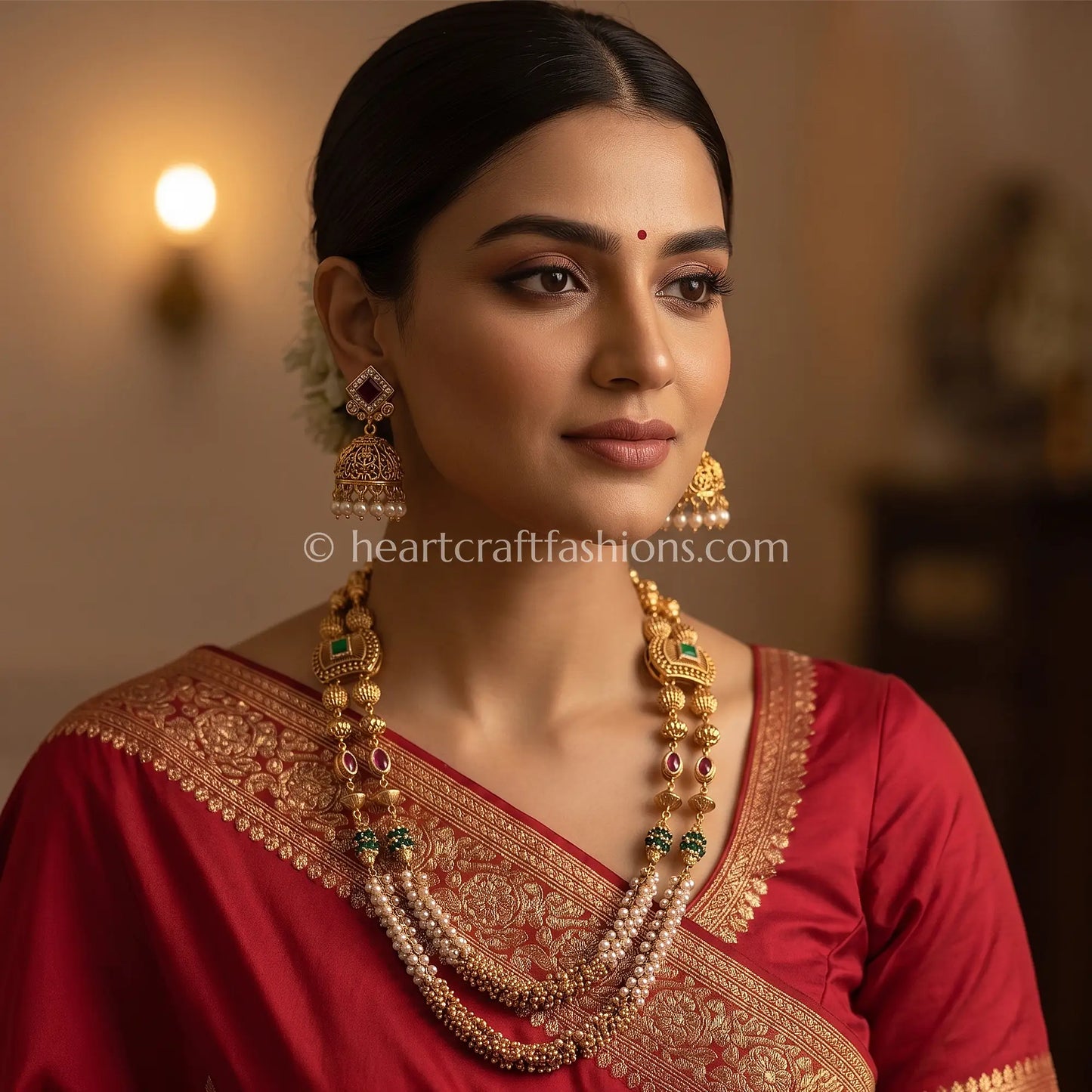 Ruby Green Double Layer Heritage Pearl Matarmala Set