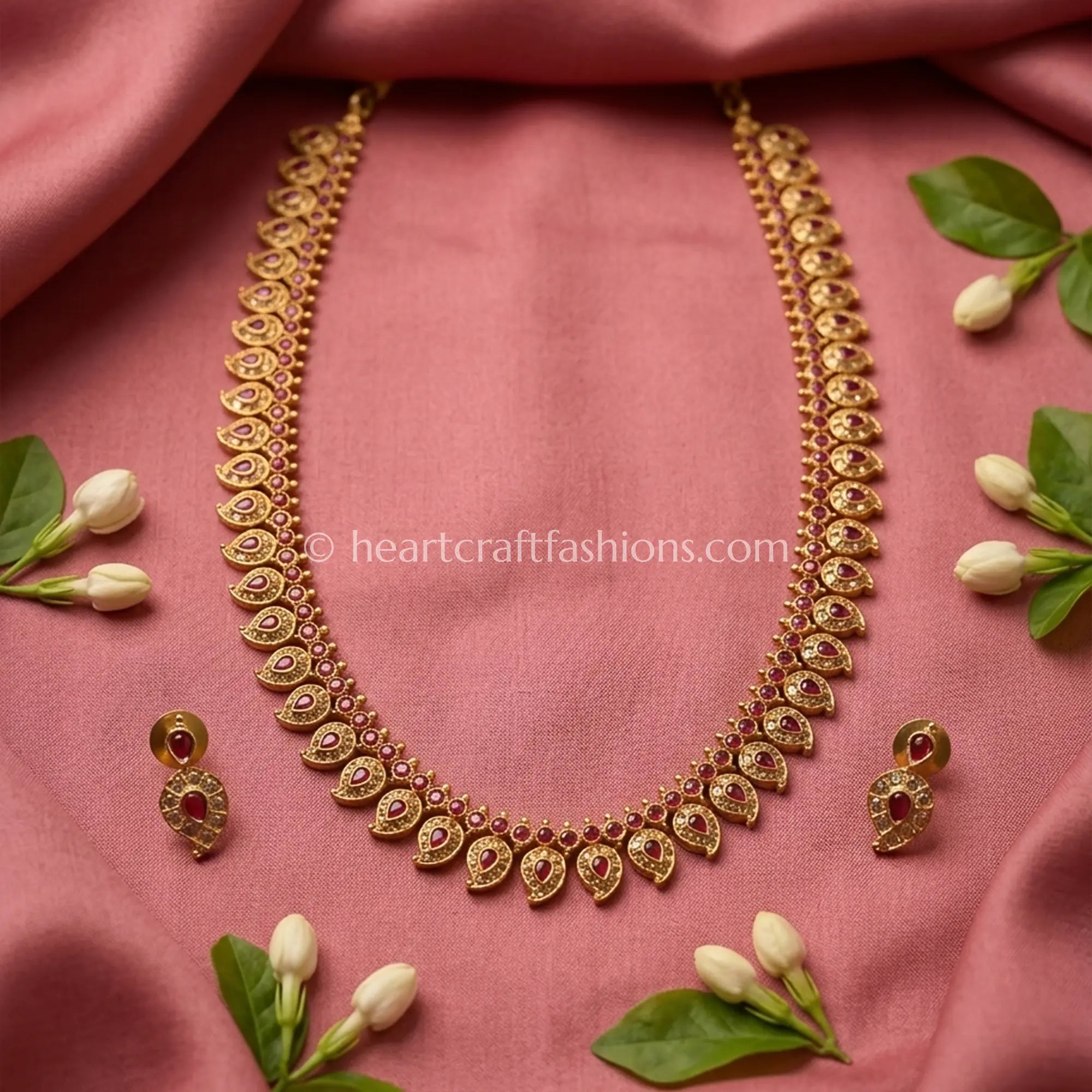 Ruby Pink Kemp Stone South Indian Necklace Set