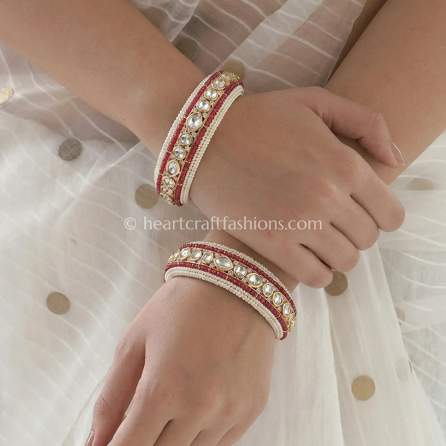 Ruby Pink Sunehri Kundan Pearl Bangles