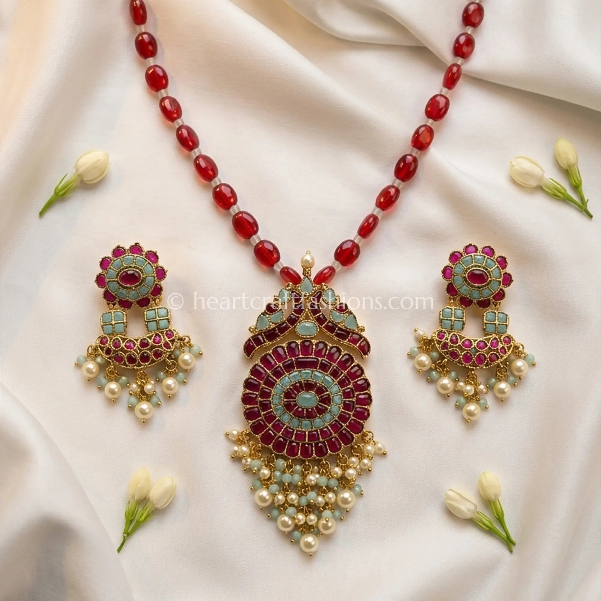 Ruby Red Jadau Pachi Pendant Beaded Necklace Set