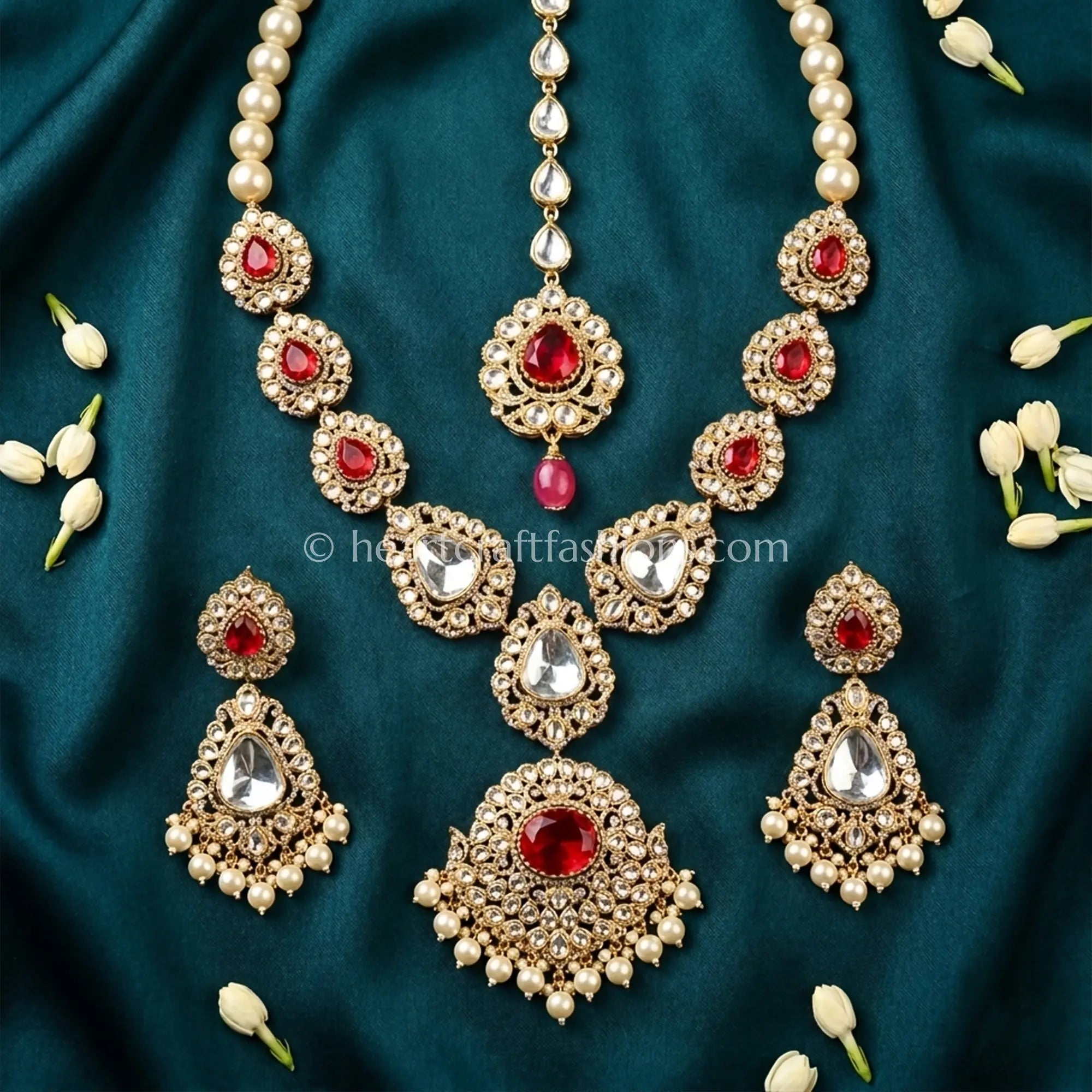 Ruby Red Moissanite Doublet Pearl Necklace Set