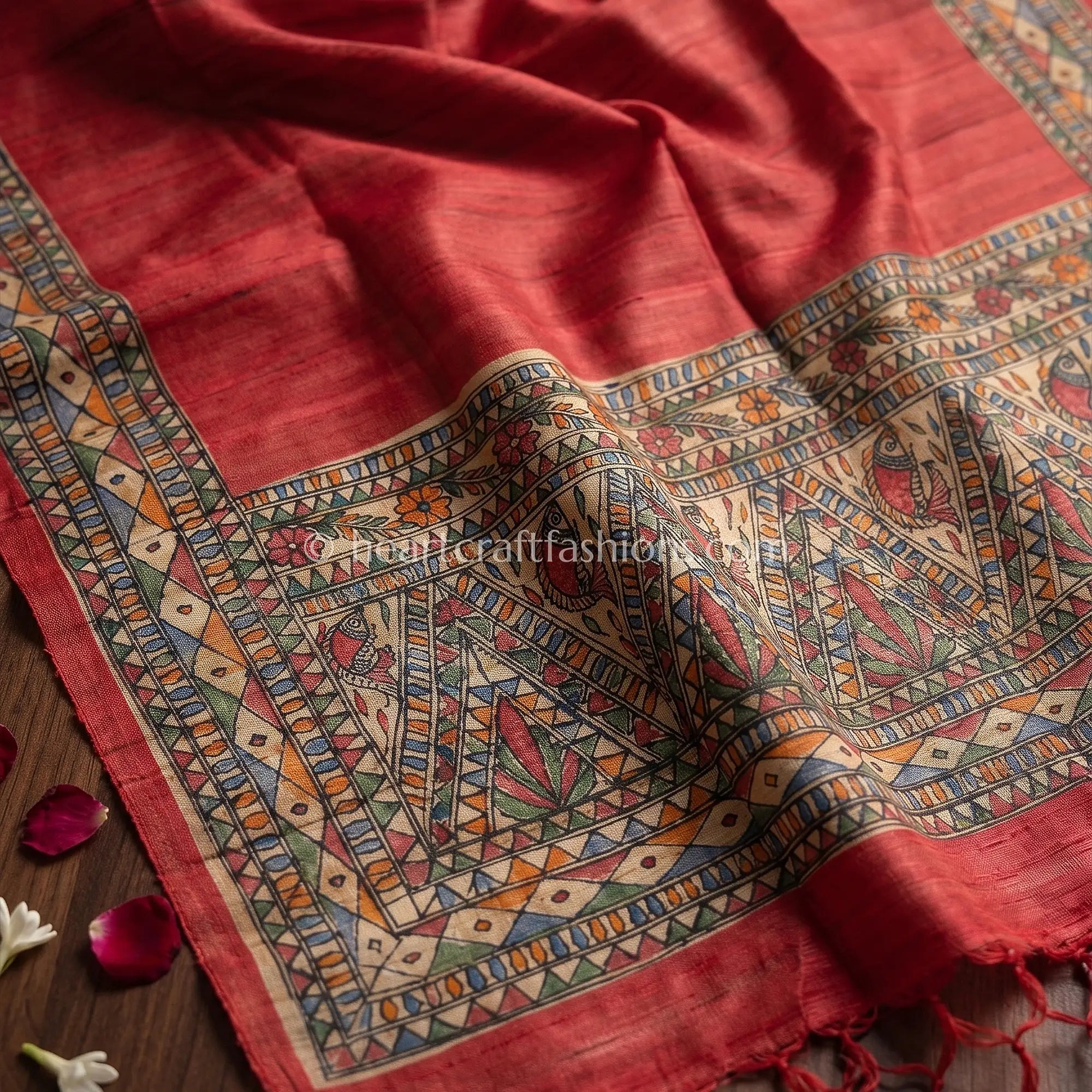 Rustic Coral Tusser Hand Painted Madhubani Dupatta