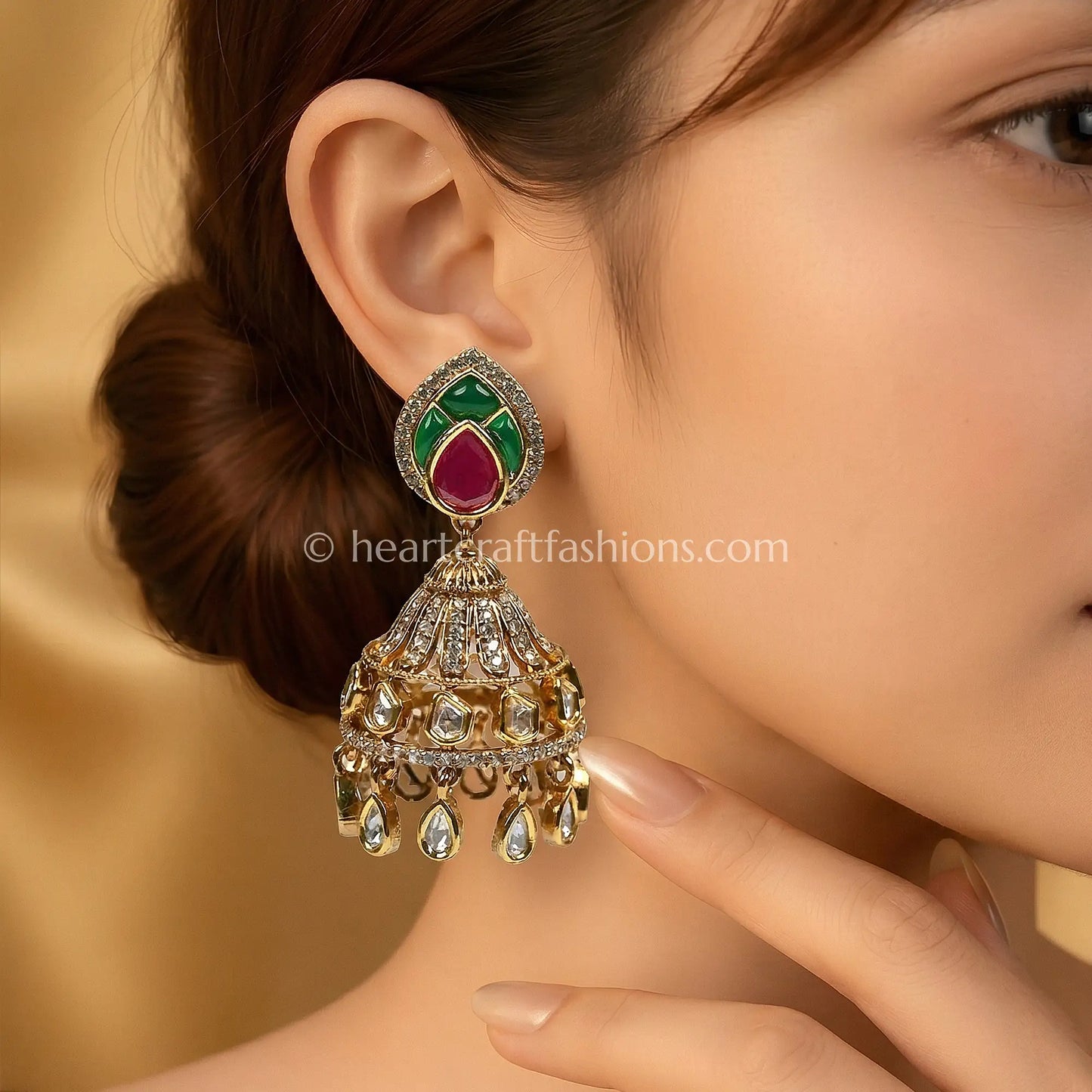 Sunehri Kundan Ruby Emerald Jhumka Earrings