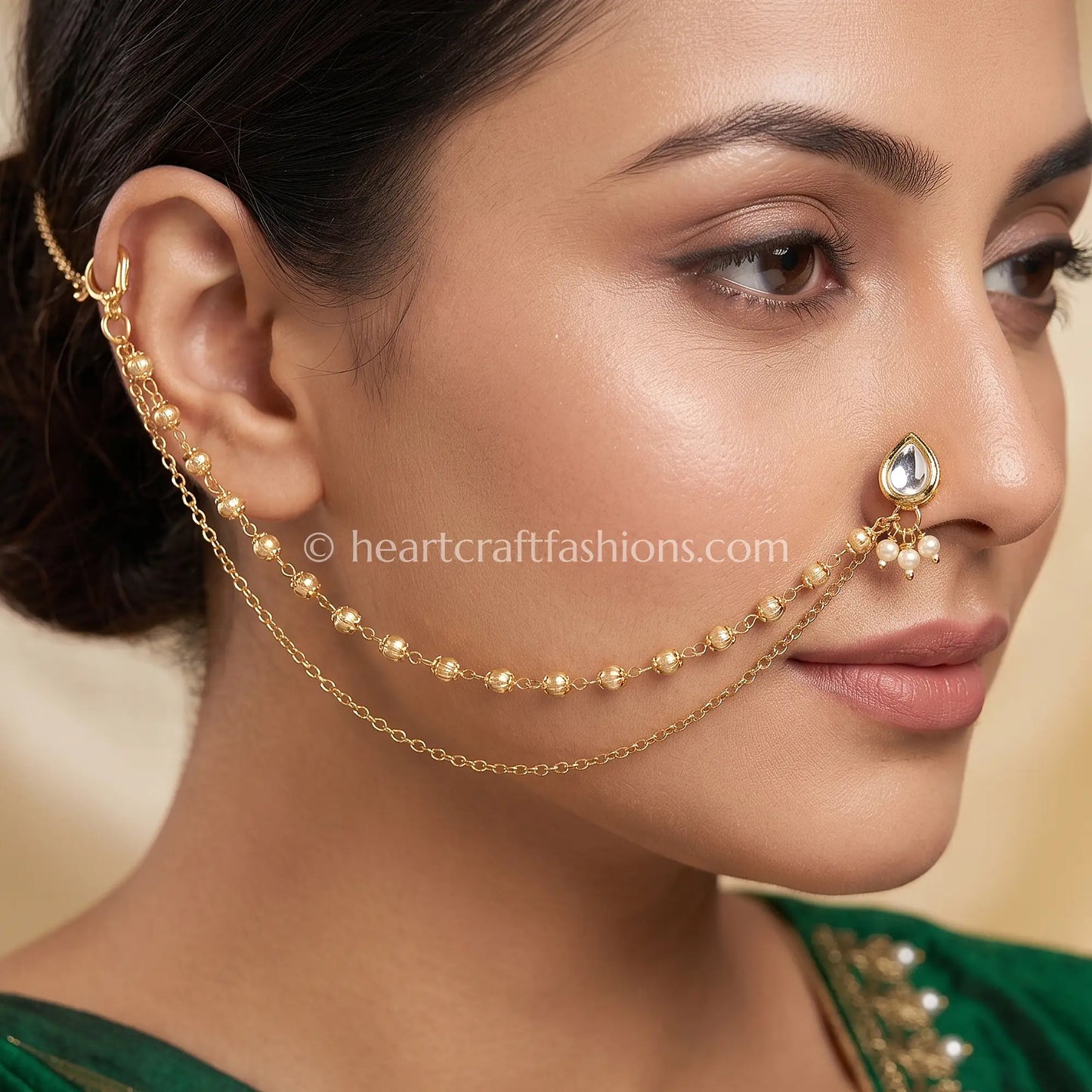 Teardrop Clear Heritage Kundan Press Nath with Layered Chain