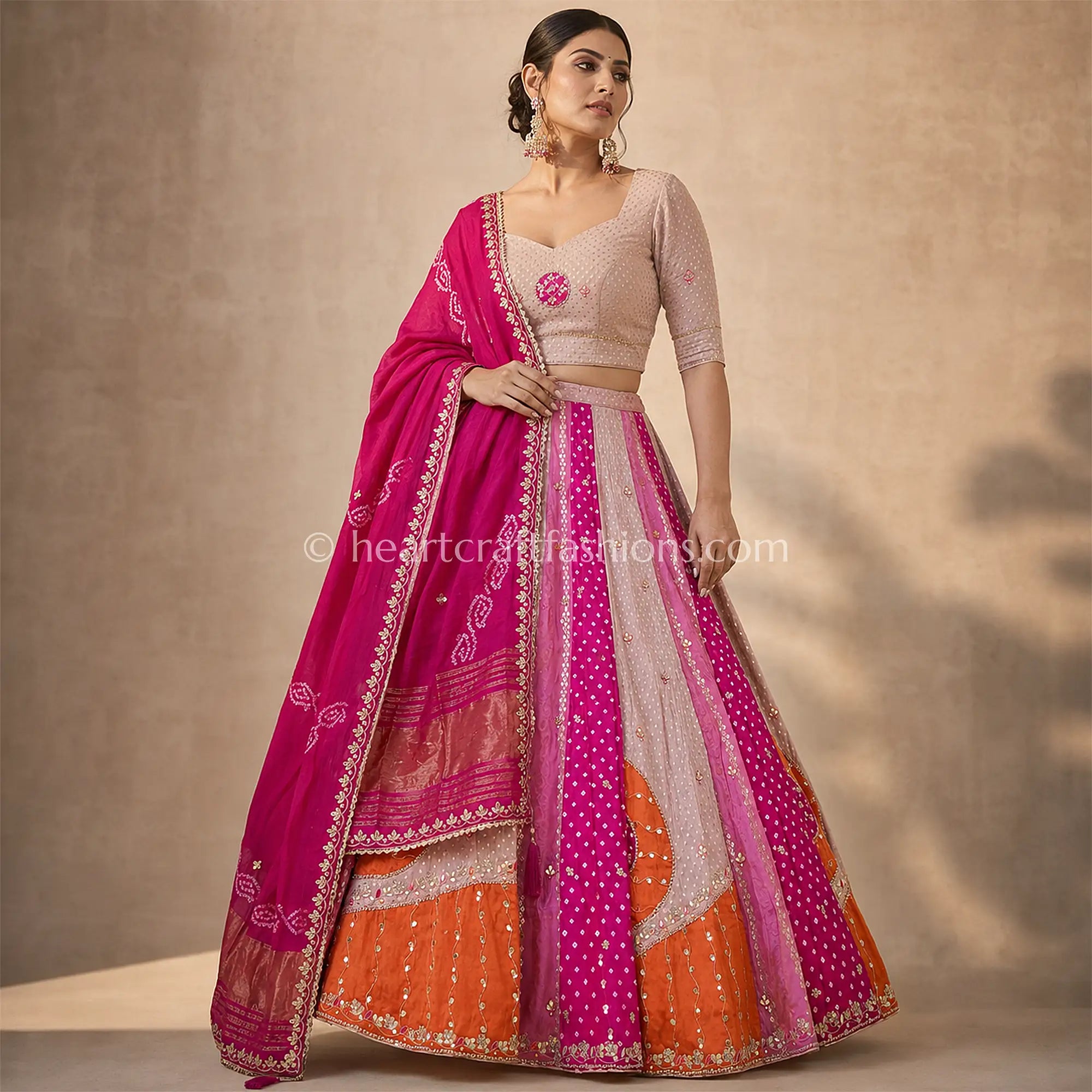 Vasundhara Multi-Color Gajji Silk Paneled Bandhej Lehenga