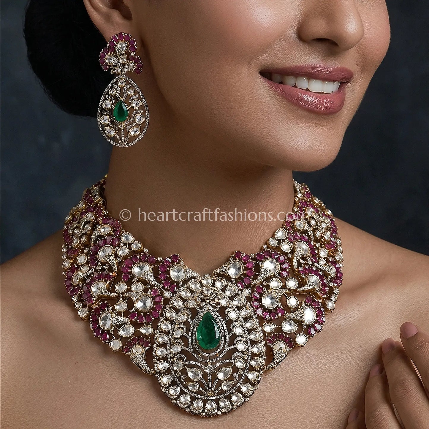 Victorian Moissanite Polki Emerald Ruby Bridal Necklace Set